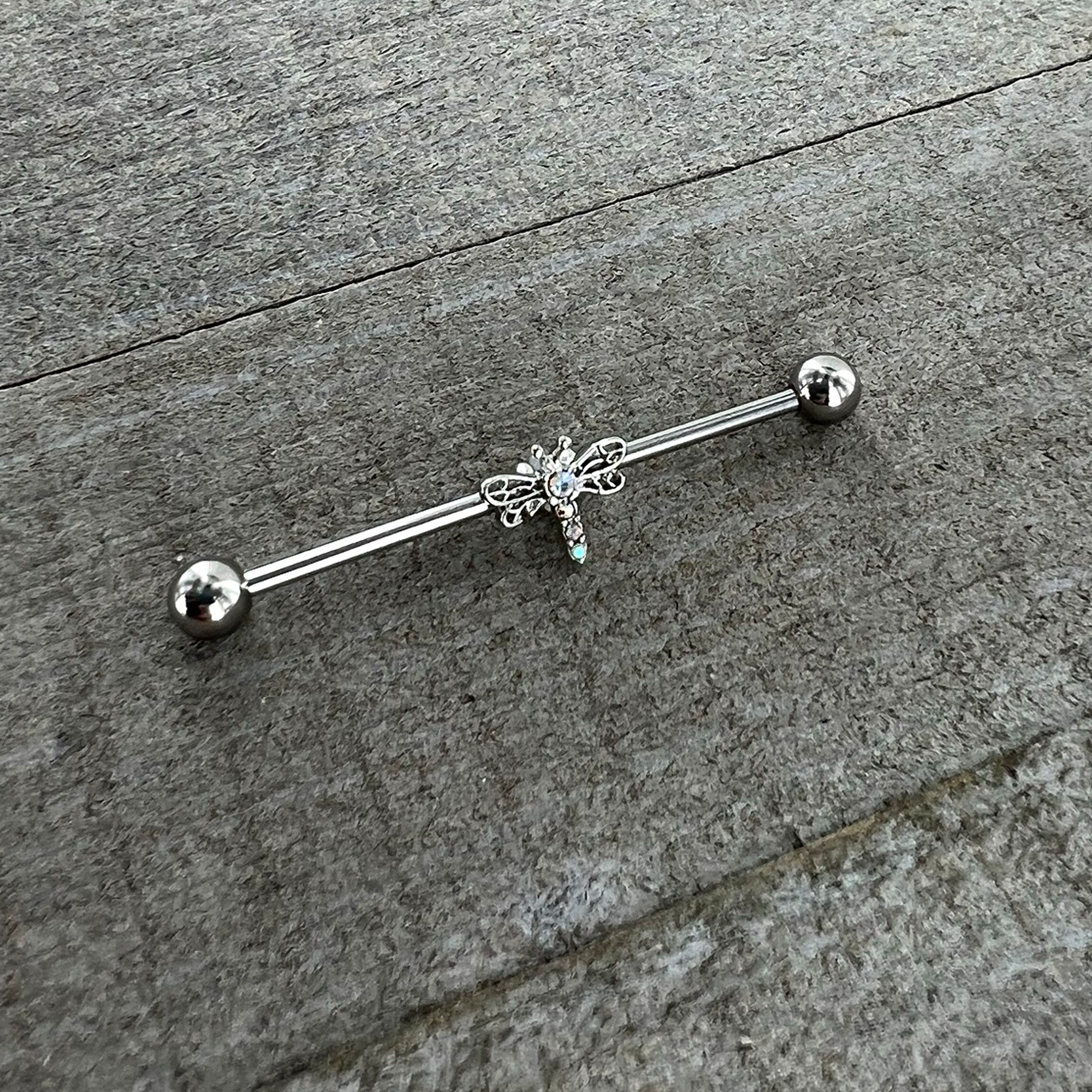 14G Aurora Gem Dragonfly Flying Industrial Barbell 38mm