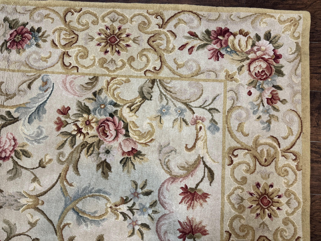 Aubusson Rug 8x10, French European Design, Vintage Handmade Wool Carpet, Aubusson Rug with Pile, Floral