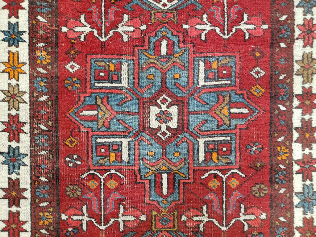 Antique Persian Heriz Karajeh Runner Rug 3x11, Hand-Knotted Red Geometric Medallions