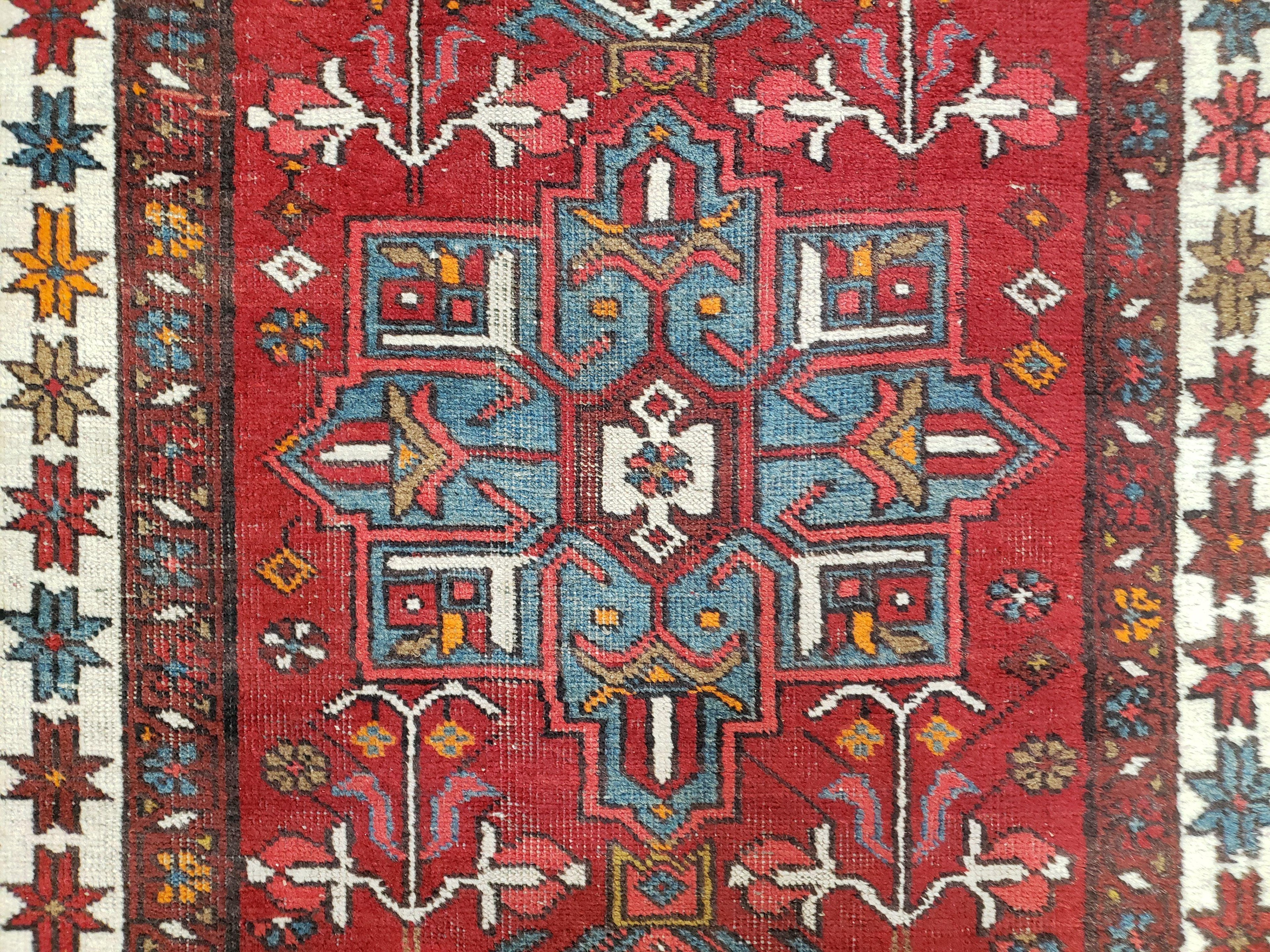 Antique Persian Heriz Karajeh Runner Rug 3x11, Hand-Knotted Red Geometric Medallions
