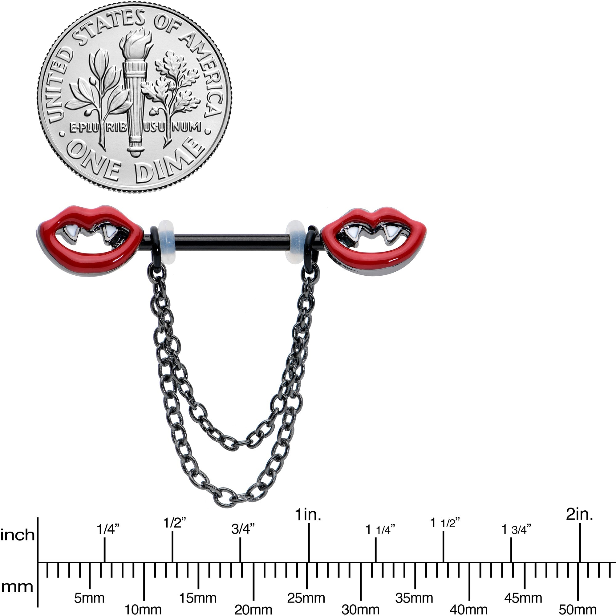 14G 11/16 Black Vampire Fangs Chain Dangle Nipple Ring Set