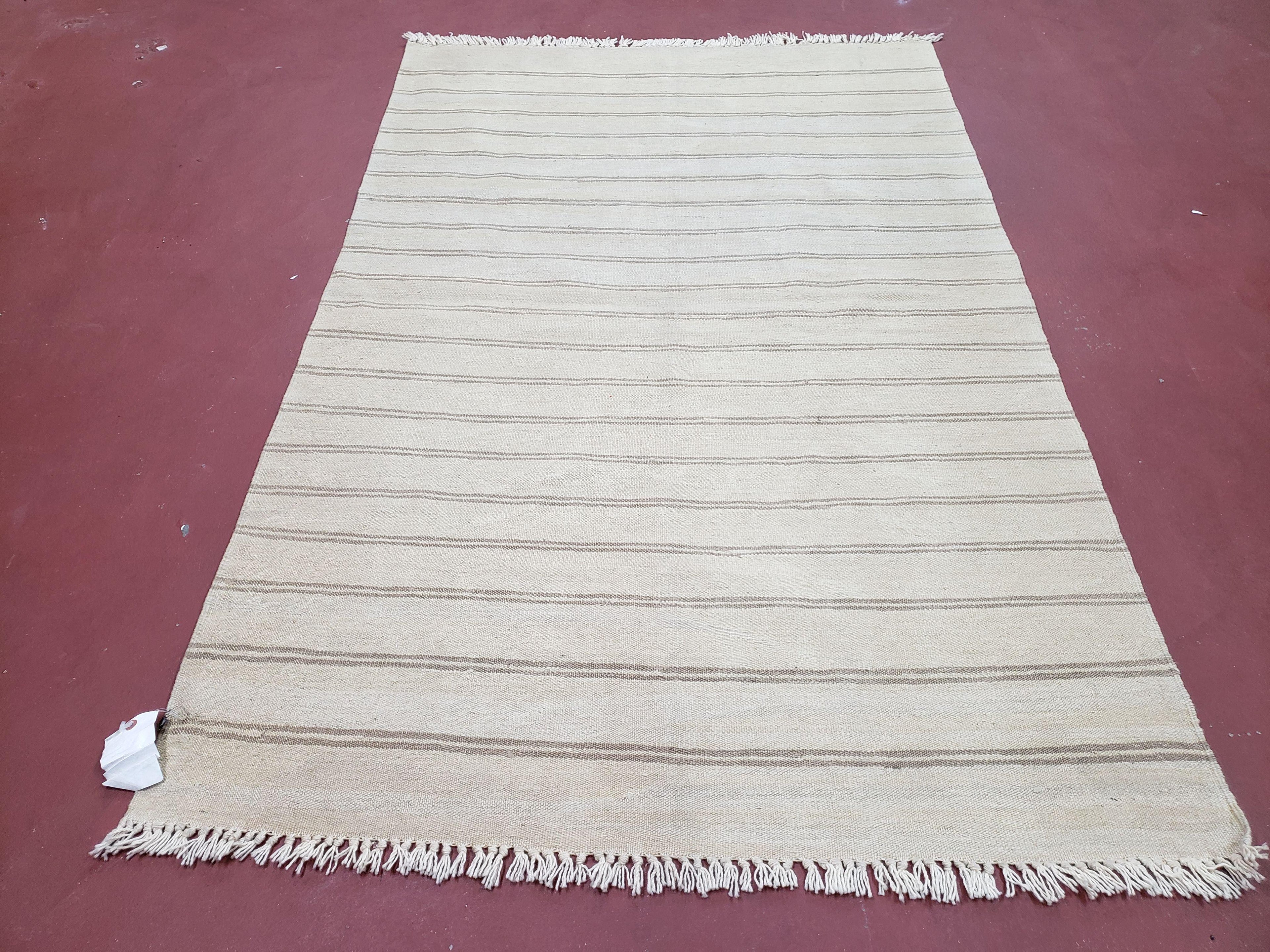 New Striped Turkish Kilim Area Rug 4x6 ft, Hand-Knotted, Wool, Light Gray, Earth Tone Decor, Flatweave Kilim, Two Toned Rug, Southwestern