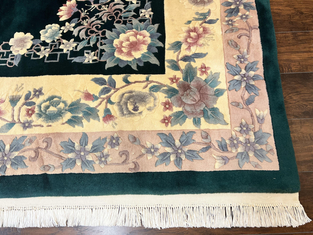 Chinese Art Deco Rug 9x12, Wool Hand Knotted Vintage Carpet, Dark Green & Cream, 90 Line Carving Rug