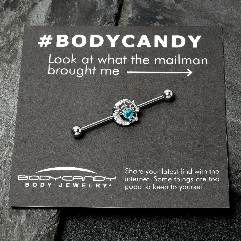 14G Blue CZ Gem Heart Web Moon Industrial Barbell 38mm