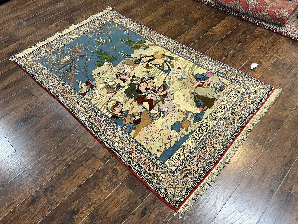 Vintage Persian Qum Pictorial Rug 5x7 - Wool & Silk