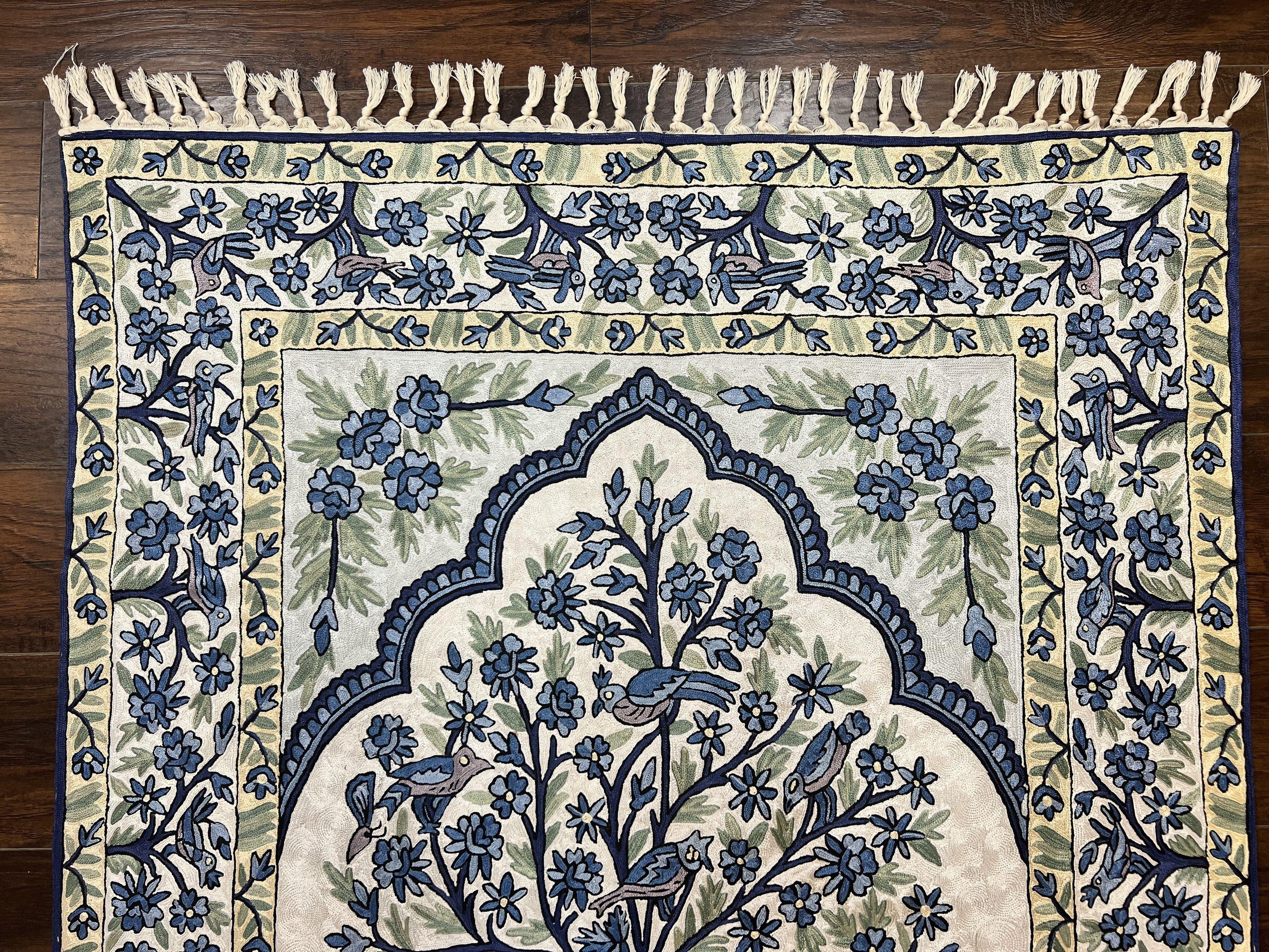 Tree of Life Indian Hand Stitched Rug 4x6, Indian Wall Hanging Rug, Ivory Blue, Silk on Cotton, Vintage