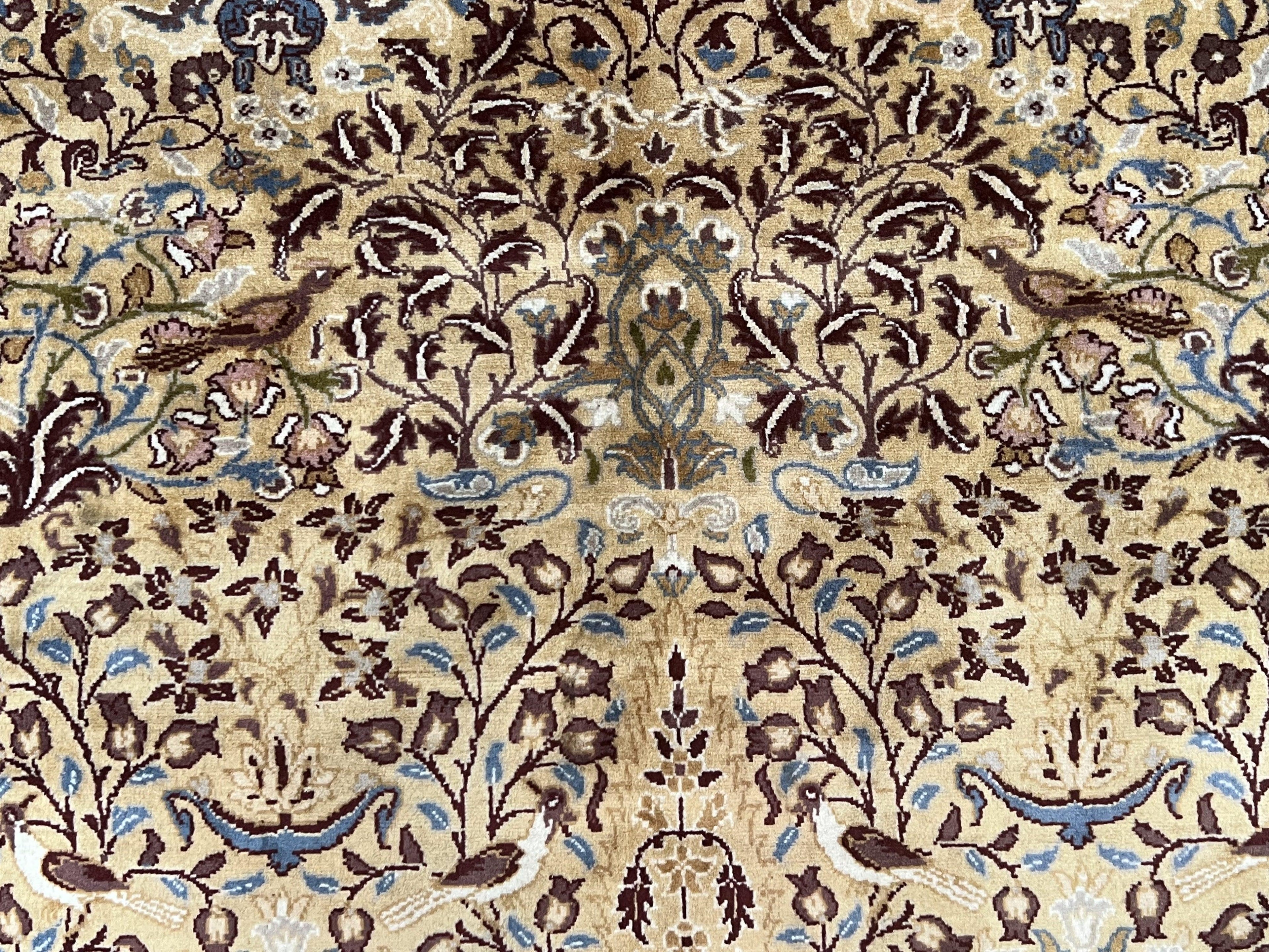 Pretty Indo Persian Rug 6x9, Allover Floral Motif with Birds, Tan/Cream, Very Fine Oriental Carpet, Hand Knotted Vintage Indian Wool Rug