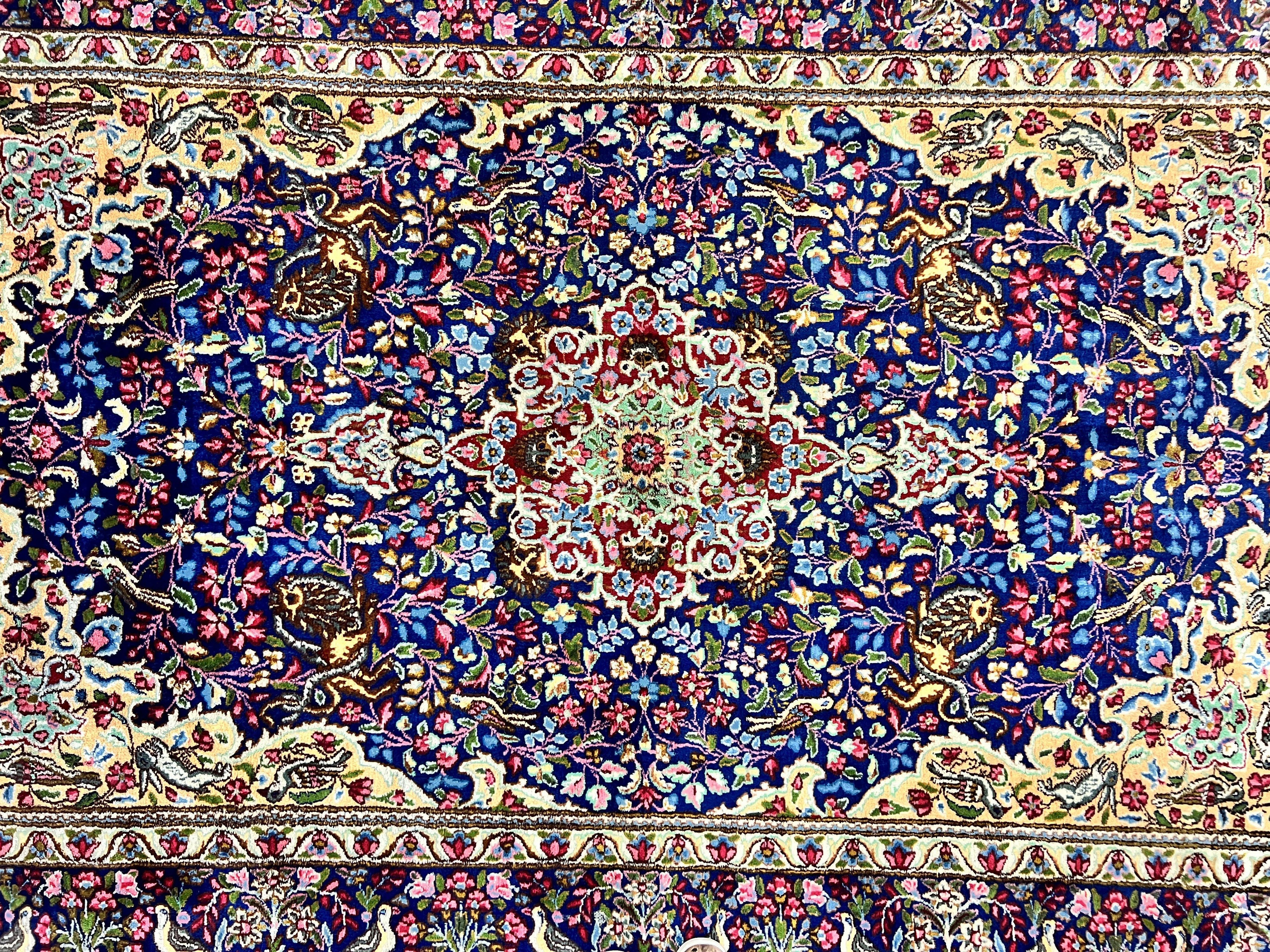 Persian Kirman Rug 6x9, Floral Medallion Vintage Wool Handmade Carpet 6 x 9, Animal Pictorials Birds, Semi Antique, Navy Blue, Millefleur