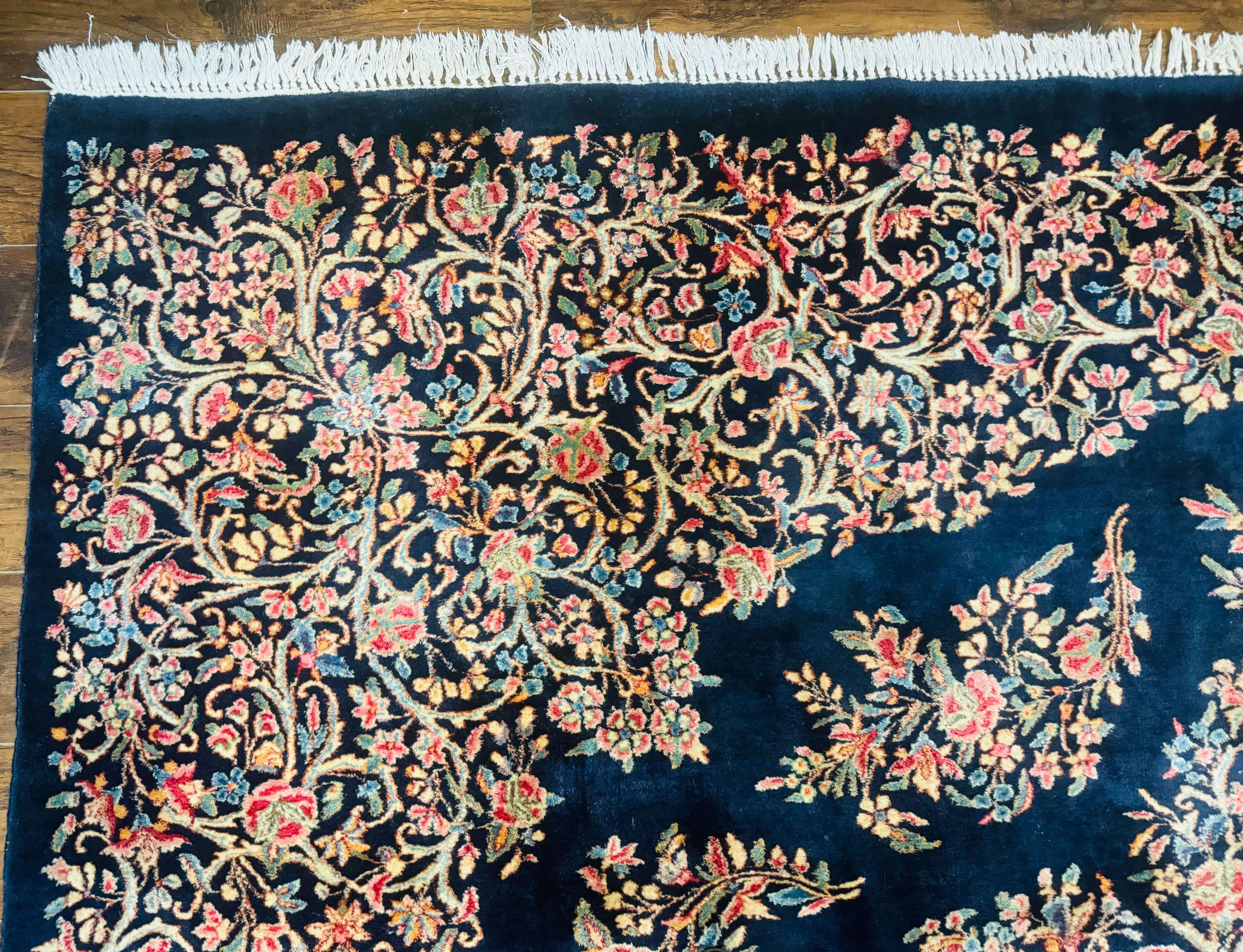Antique Persian Kerman Rug 10x13, Navy Blue Floral Carpet, Fine 270 KPSI