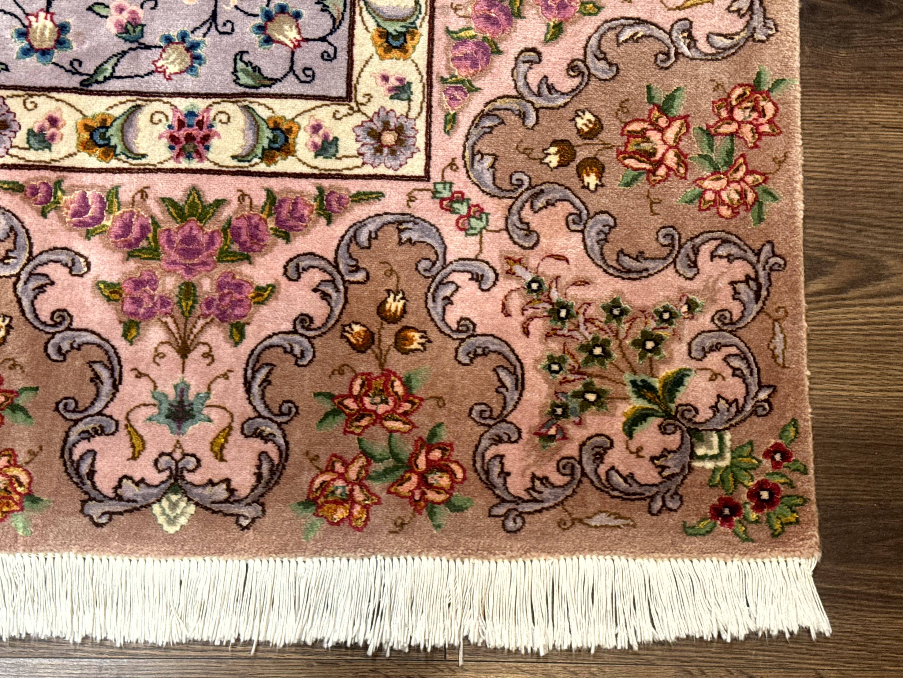 Wonderful Persian Tabriz Rug 7x10, Very Fine 330 KPSI, Light Green Light Blue Pink, Kork Wool Silk Foundation, Bird Pictorials