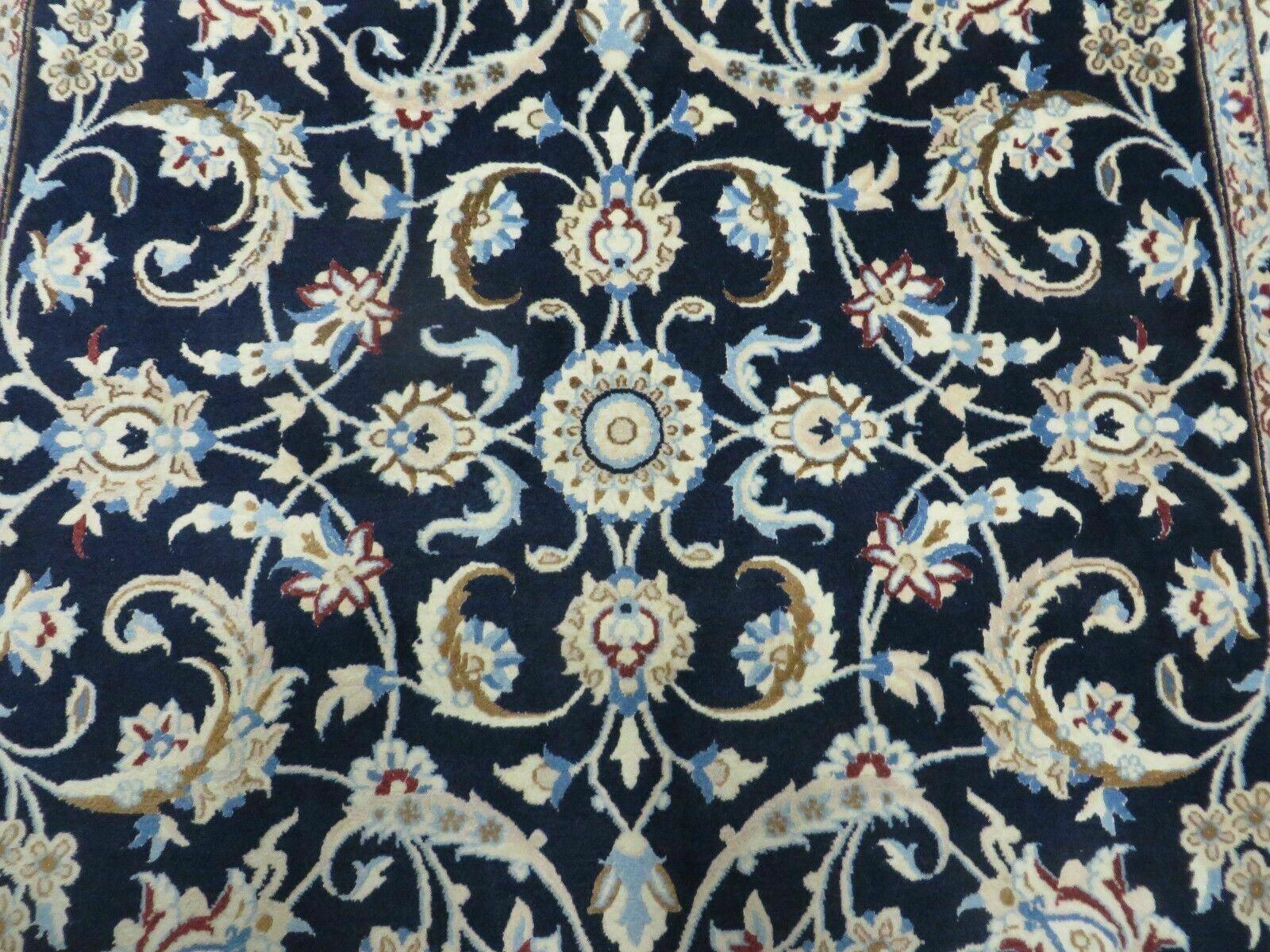Persian Nain Rug 4x7, Navy Blue and Ivory, Handmade, Wool & Silk Highlights, Fine Oriental Rug, Vintage