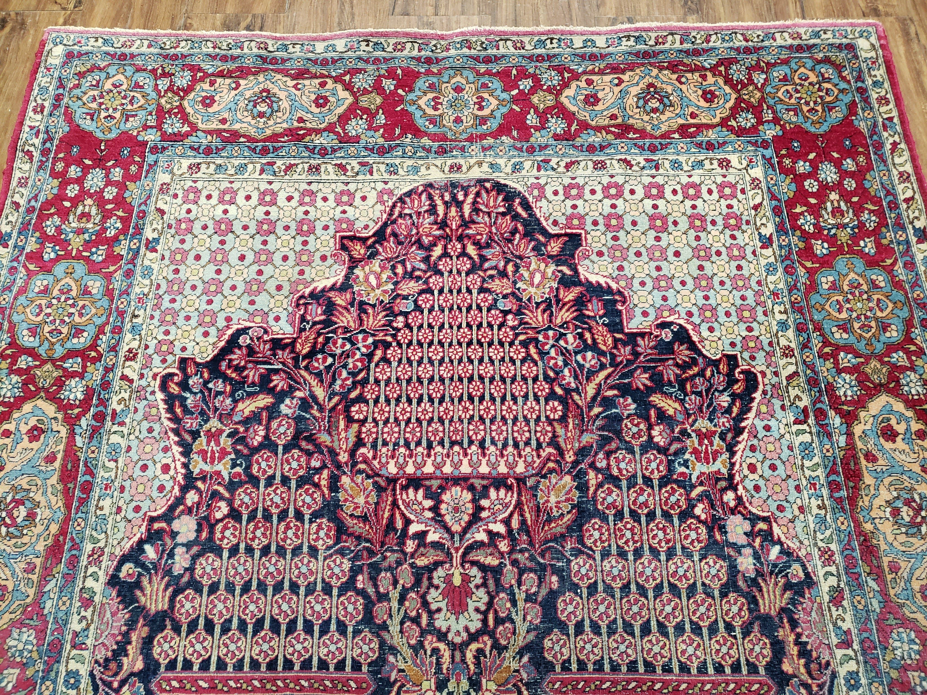 Antique Persian Tehran Rug 5x8, Midnight Blue and Red, Hand-Knotted, Wool