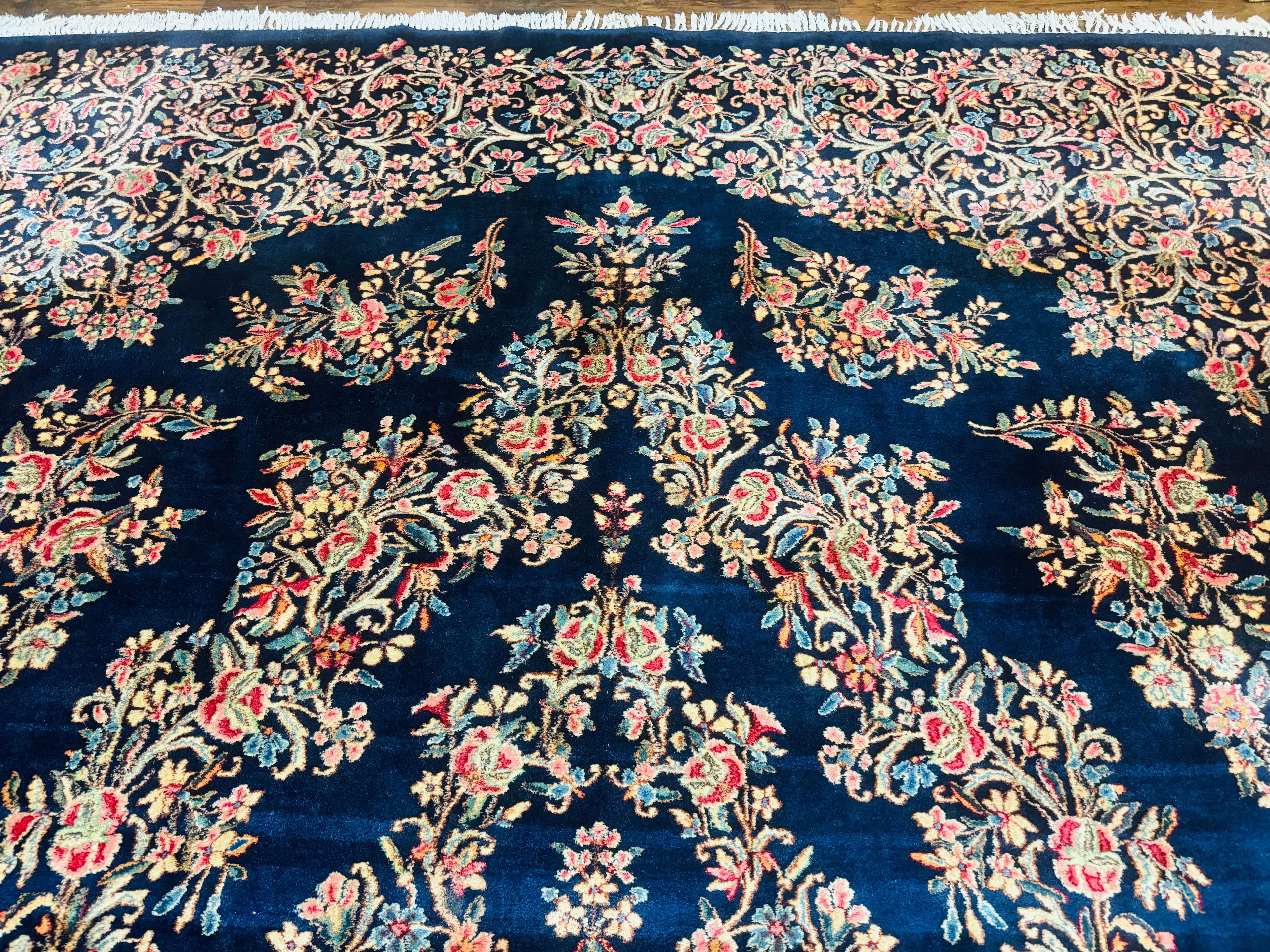 Antique Persian Kerman Rug 10x13, Navy Blue Floral Carpet, Fine 270 KPSI