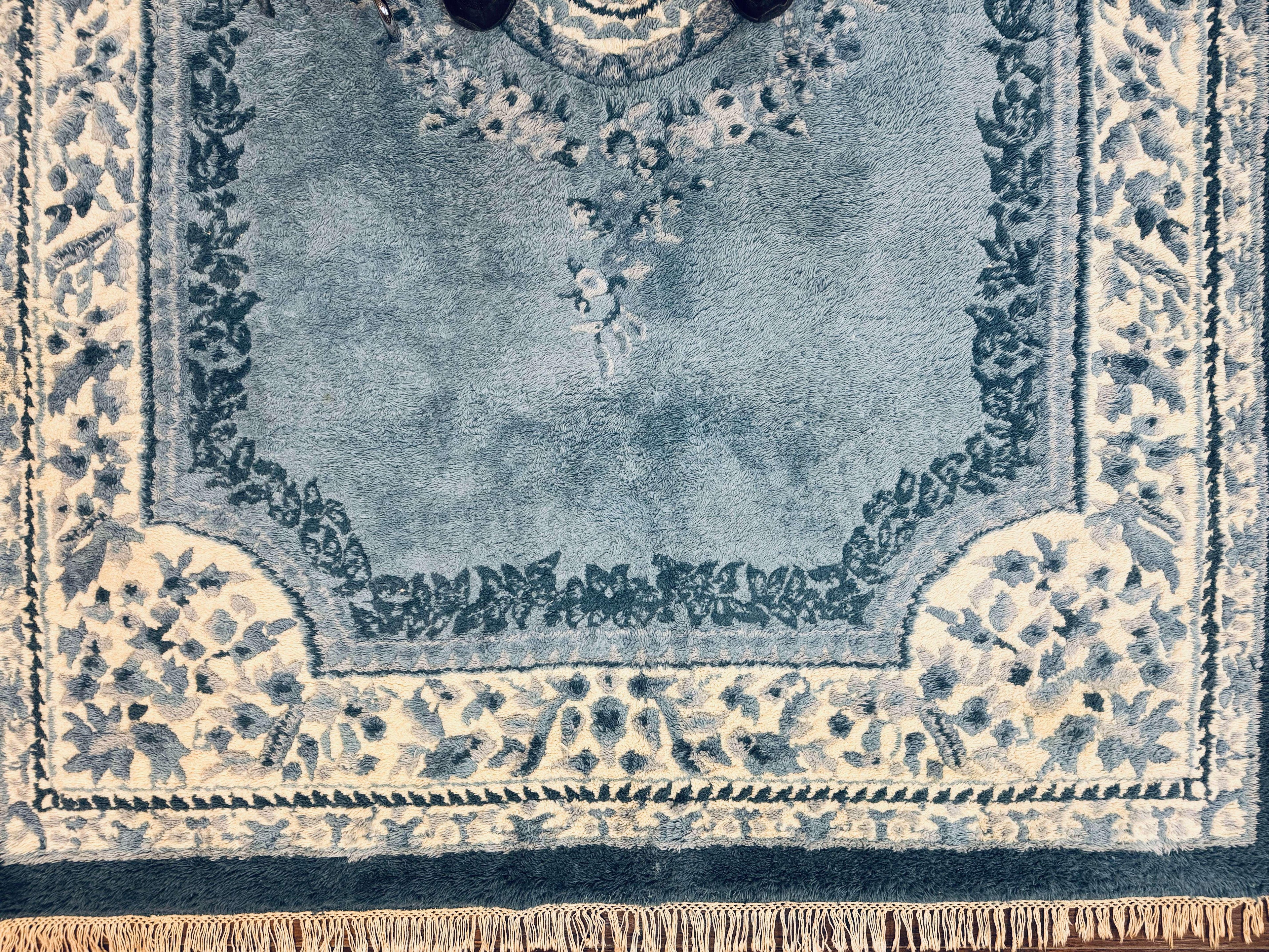 Indo Chinese Aubusson Rug 6x9, Light Blue and Ivory, Handmade Vintage Wool Carpet