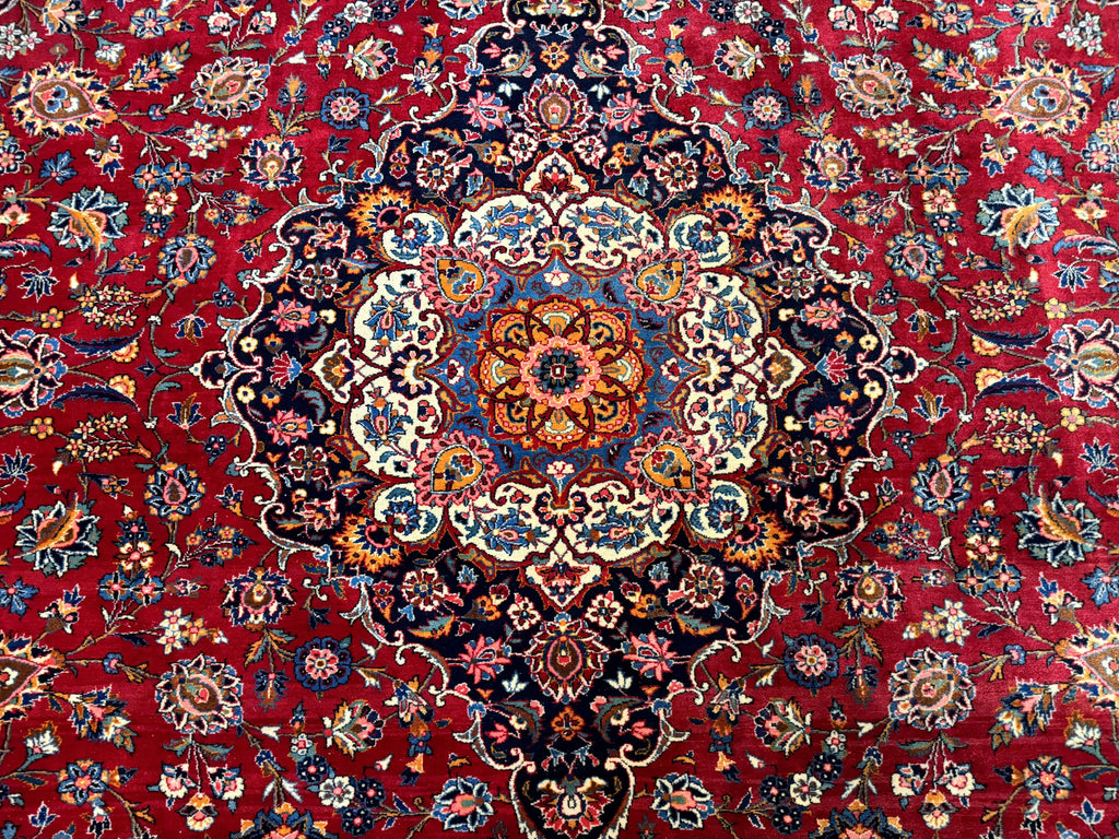 Large Persian Kashan Rug 11x14, Traditional Persian Carpet, Wool, Fine 250 KPSI, Red Navy Blue