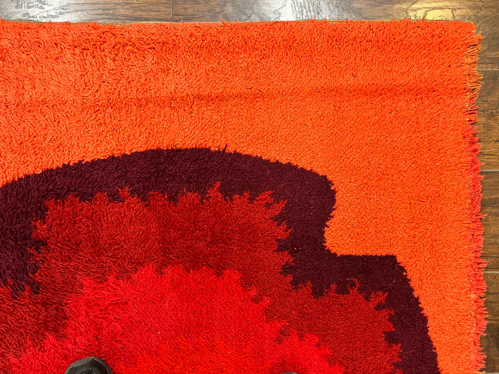 Danish Rya Shag Rug 4x6, Mid Century 1960s Retro Vintage Wool Rug, Shades of Red