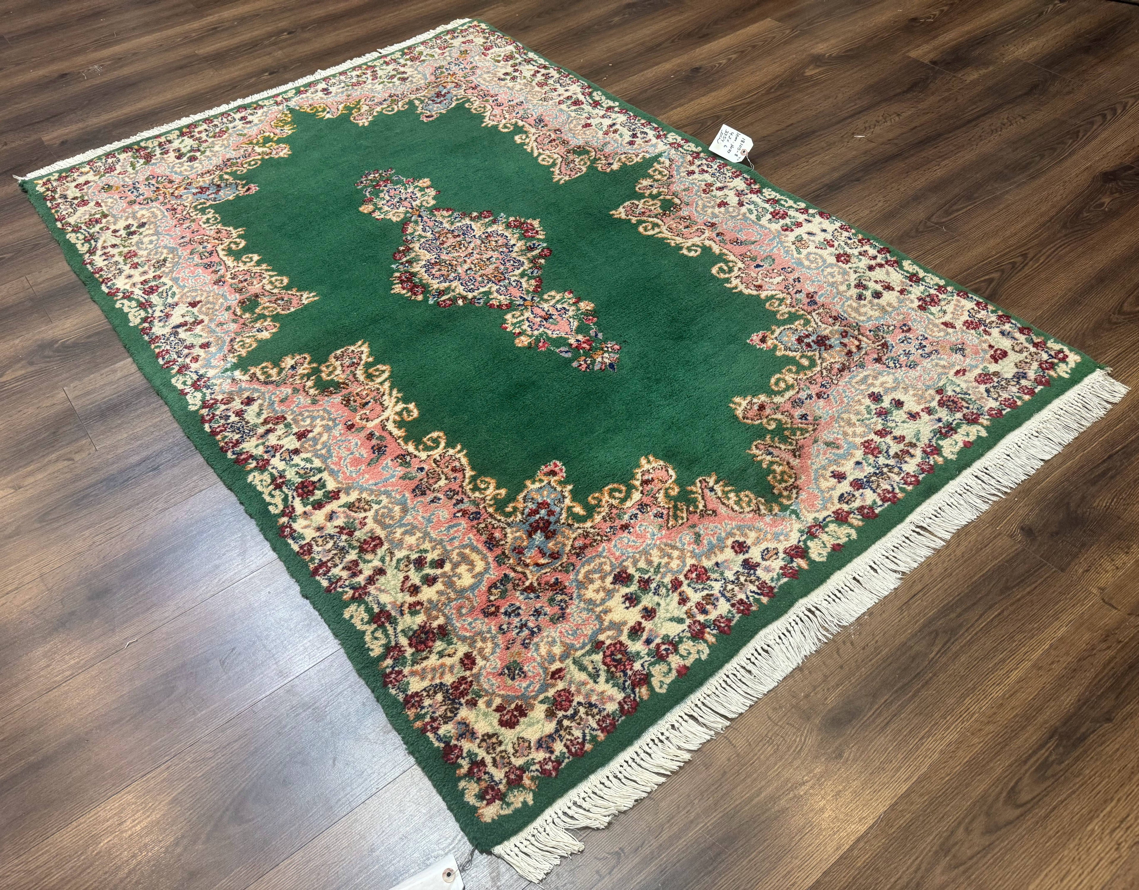 Green Persian Kerman Rug 4x6, Semi Open Field, Green & Cream, Vintage