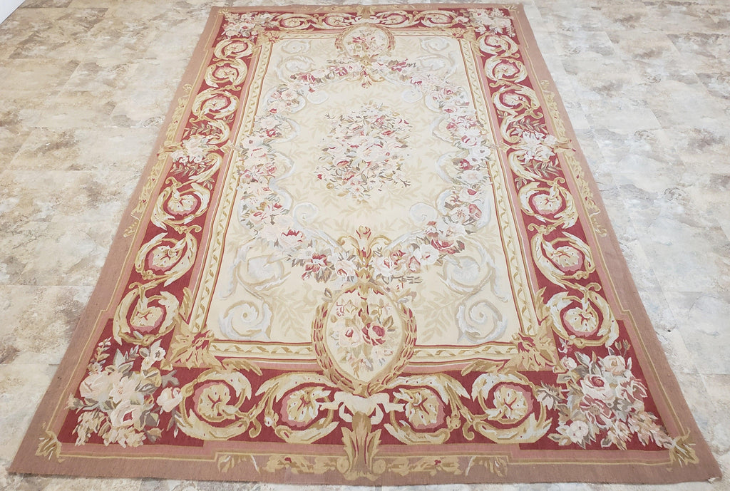 Aubusson Rug 6x9, Elegant Flatweave Rug, Aubusson Savonnerie 6 x 9 Flatweave Area Rug, Cream and Red, Wool Hand Woven Carpet, Medium Size