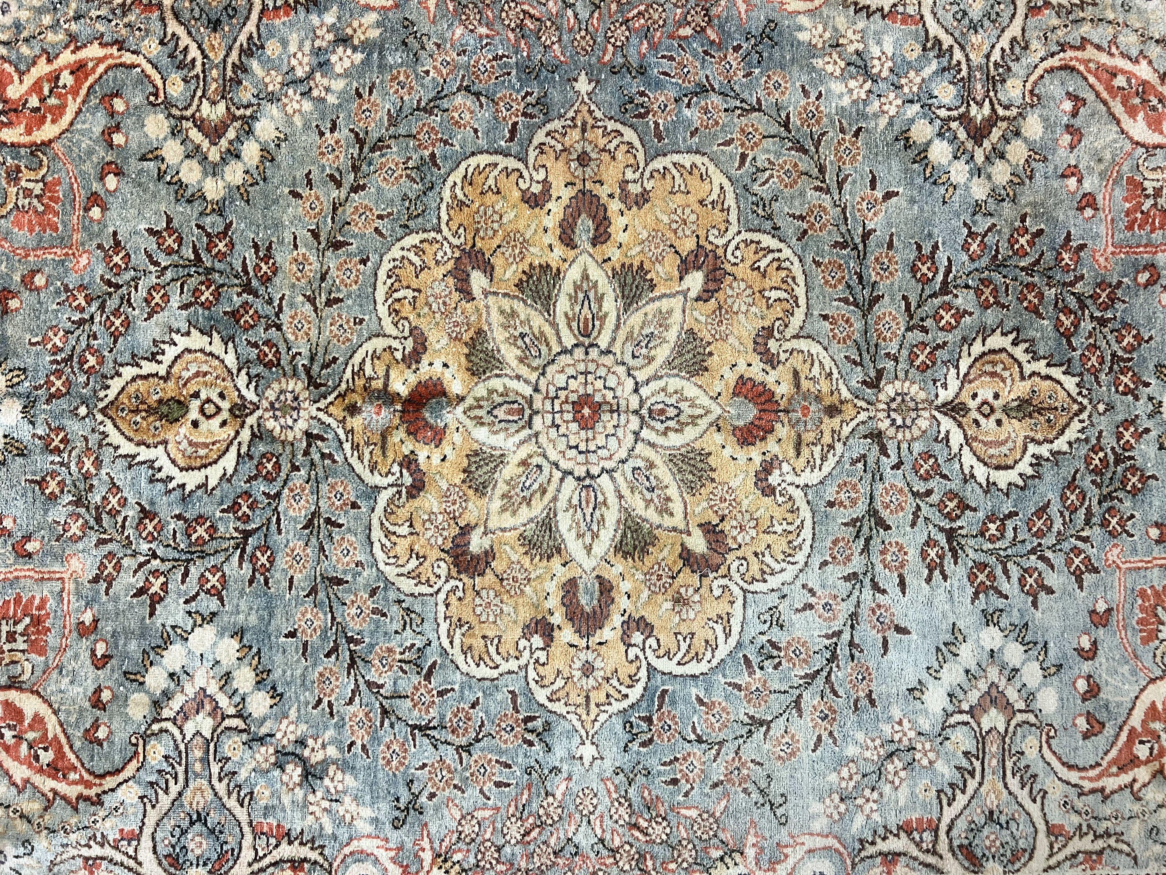 Silk Turkish Rug 5x7, Light Blue Silk Carpet, Floral Medallion, Turkish Kayseri Rug, Vintage Handmade Oriental Rug