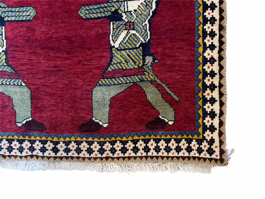 3 X 6 Handmade Wool Rug Tribal Balouch Warriors Deer Animal Pictorial Red Swords