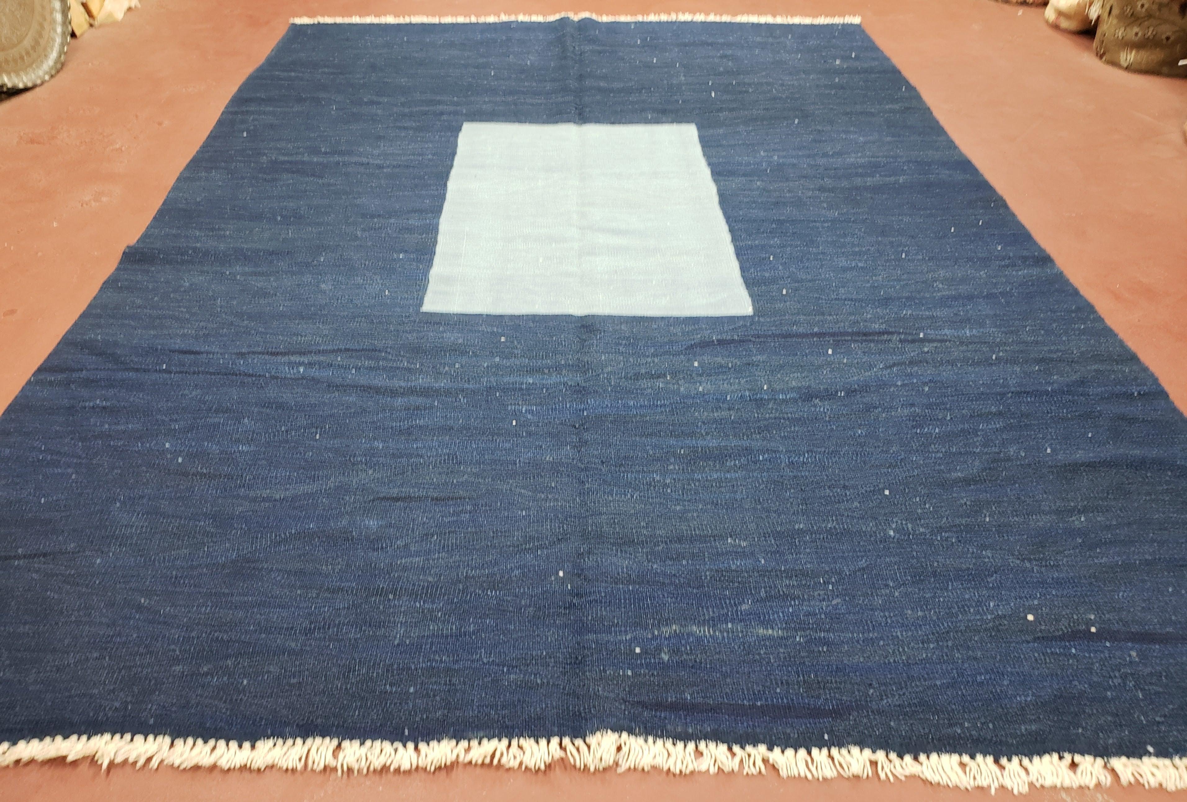Large Blue Turkish Kilim Rug 7x10, Handmade, Wool