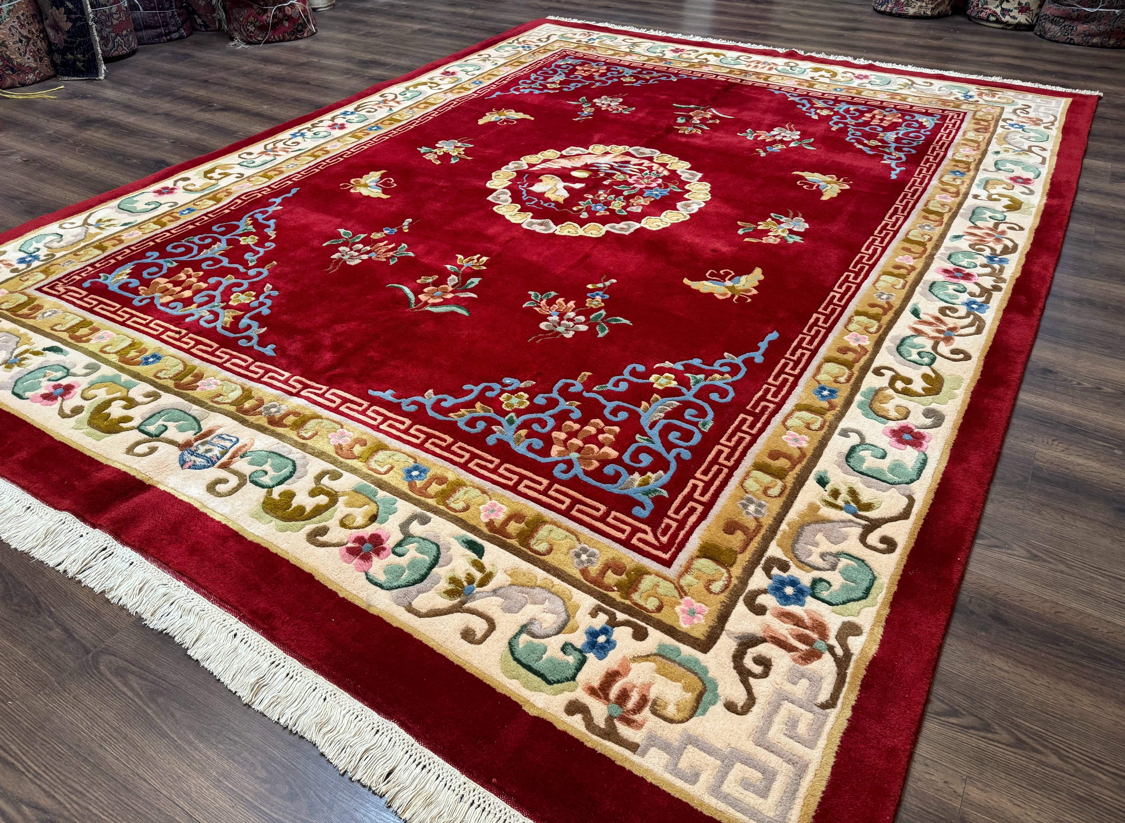 Indo Chinese Wool Rug 9x12, Red Art Deco Carpet, Vintage