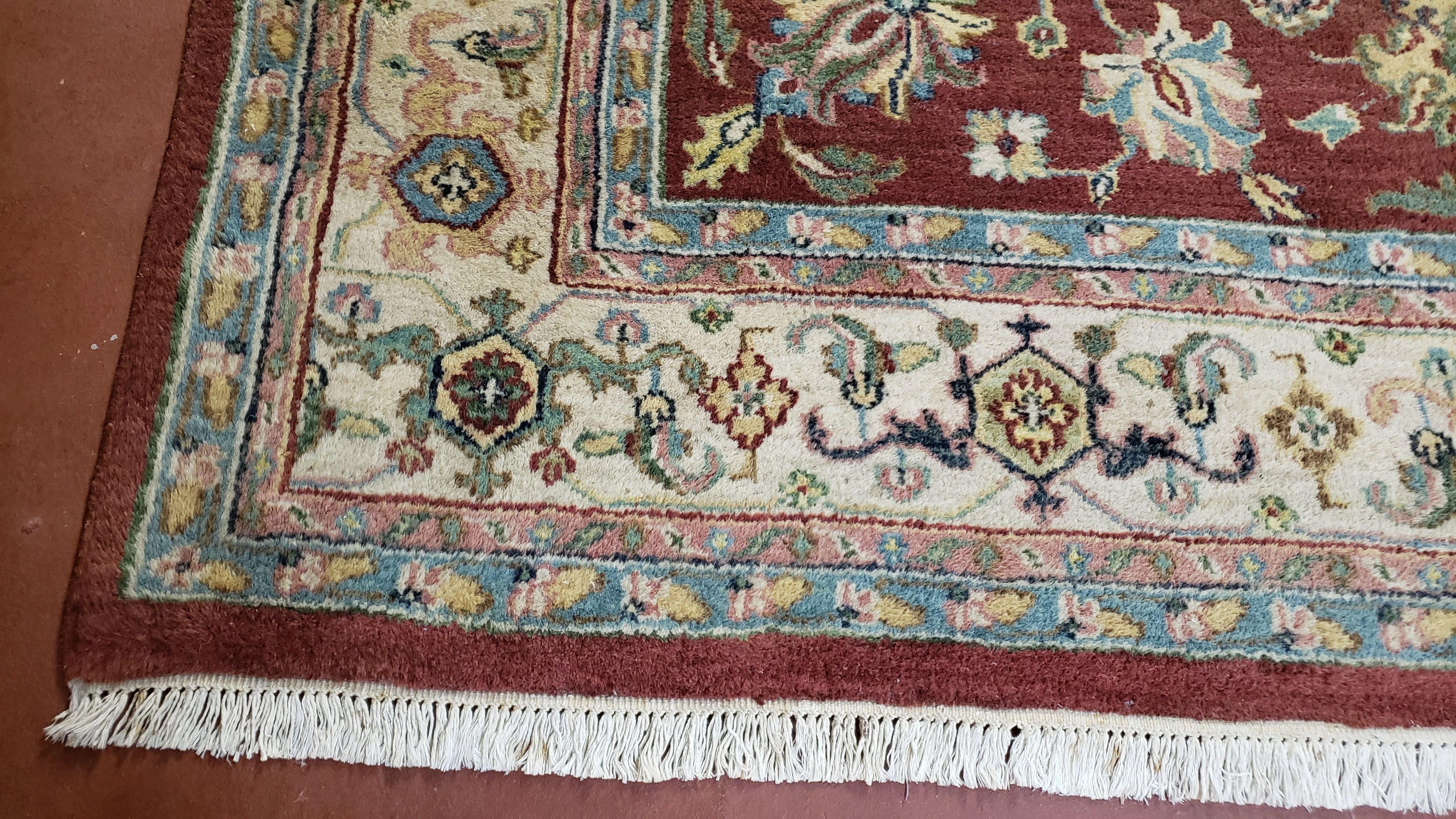8x12 Indo-Mahal Rug, Floral Allover, Red & Beige, Wool Vintage Handmade Traditional Carpet