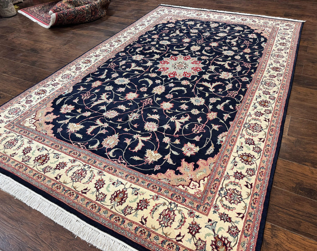 Navy Blue Pak Persian Rug 6x10, Floral Medallion, Traditional Persian Area Rug, Fine 240 KPSI