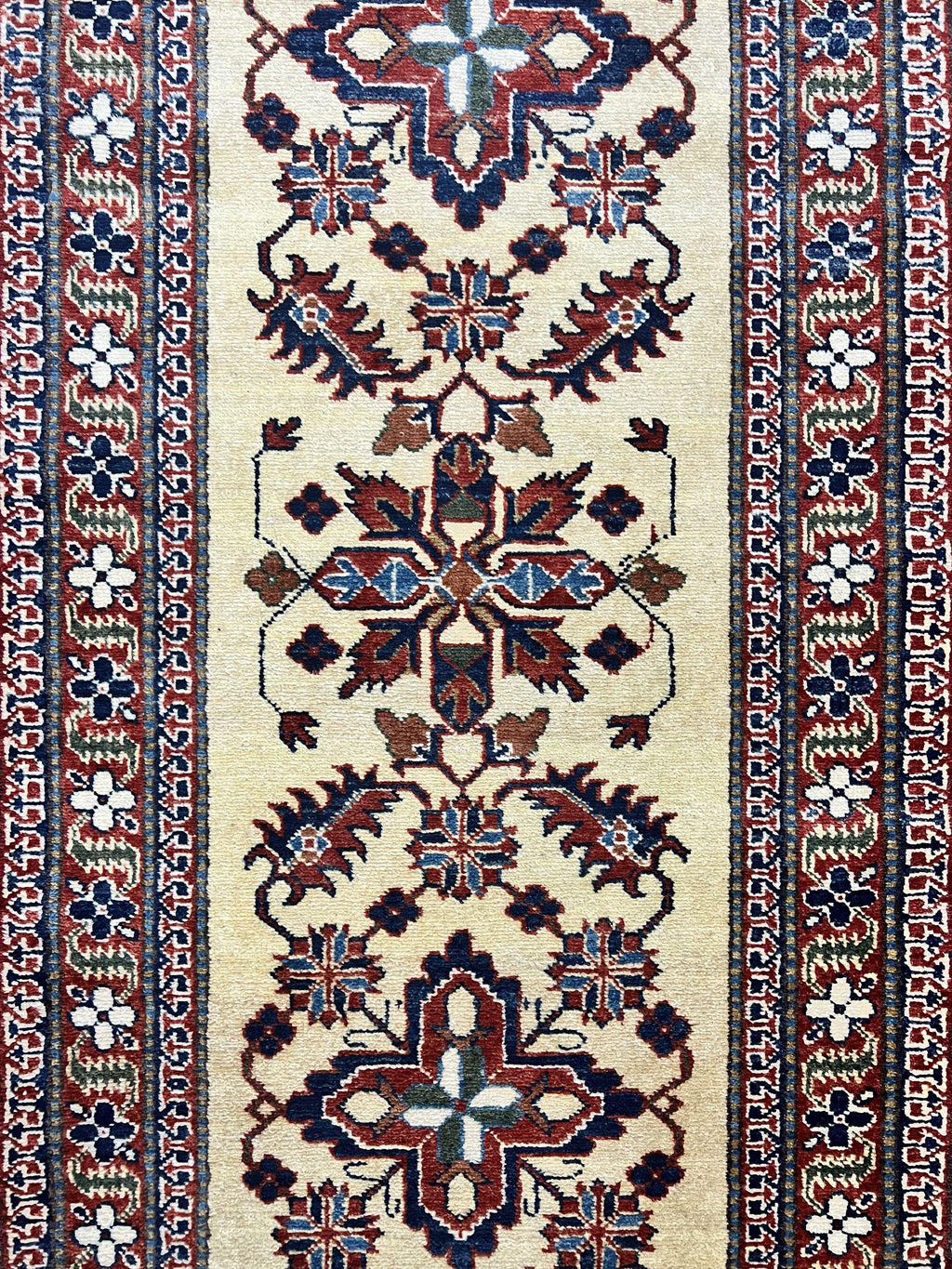 Afghan Heriz Runner Rug 2.9 x 12, Vintage Hand Knotted Persian Carpet for Hallway, 12ft Runner, Wool, Cream