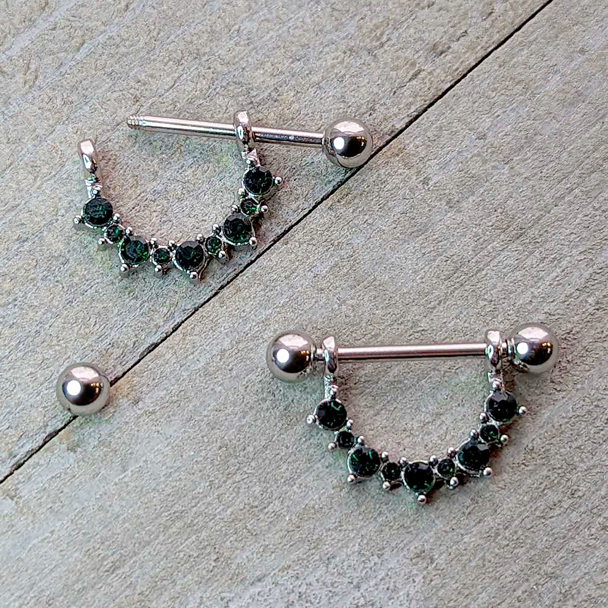 14G 9/16 Green CZ Gem May Birthstone Dangle Nipple Shield Set