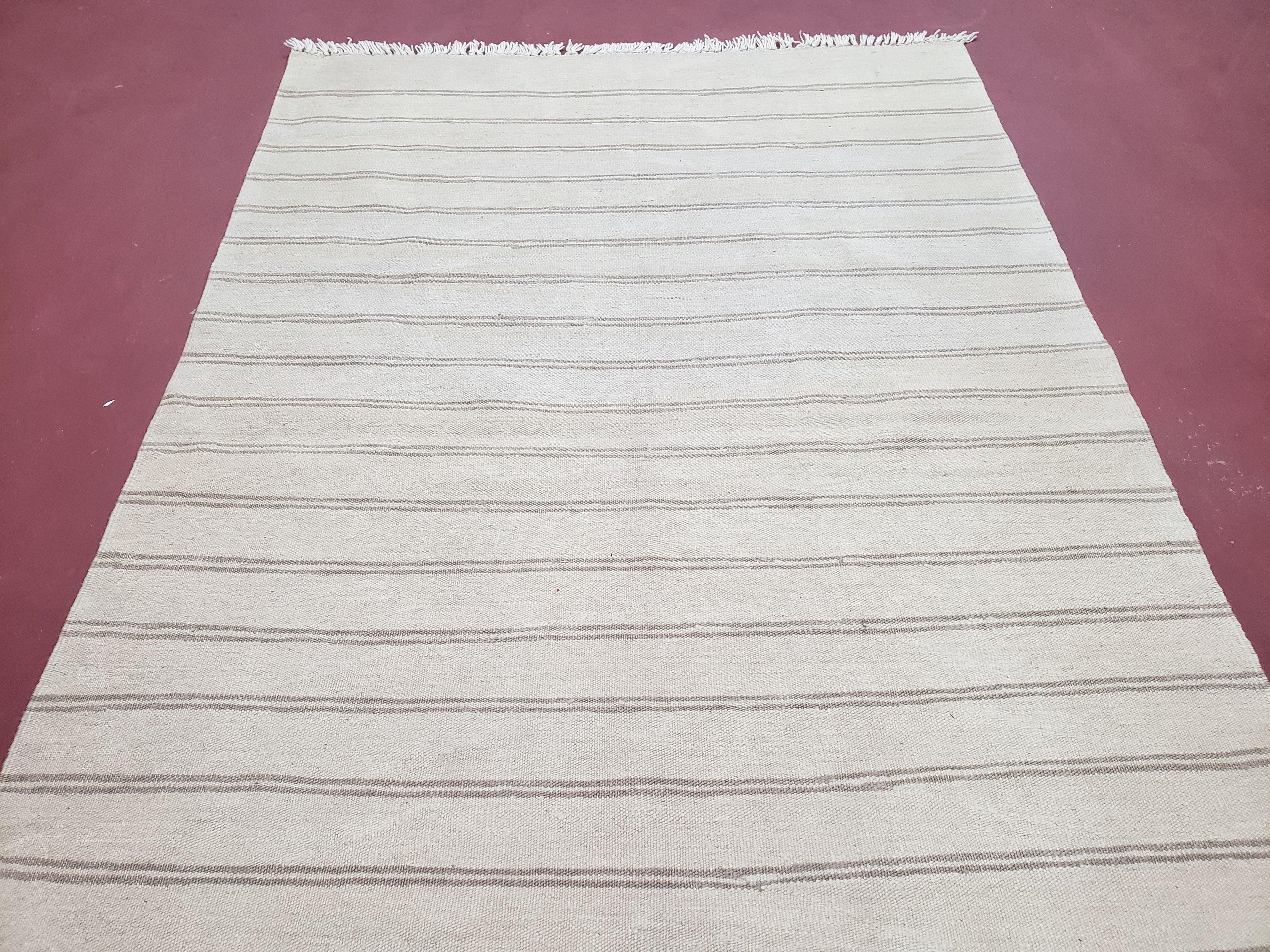 New Striped Turkish Kilim Area Rug 4x6 ft, Hand-Knotted, Wool, Light Gray, Earth Tone Decor, Flatweave Kilim, Two Toned Rug, Southwestern