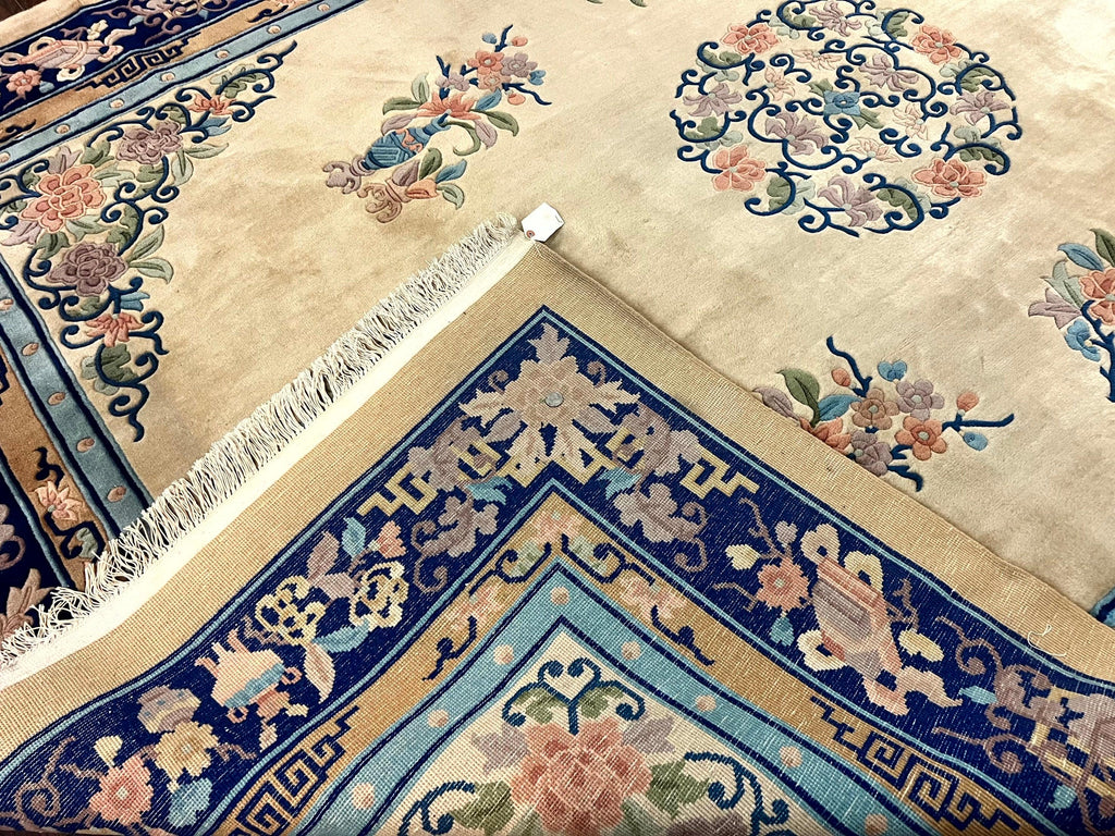 Chinese Wool Rug 8x11, Peking Asian Oriental Carpet, Cream/Ivory and Blue, Vintage Handmade Rug, Art Deco Rug