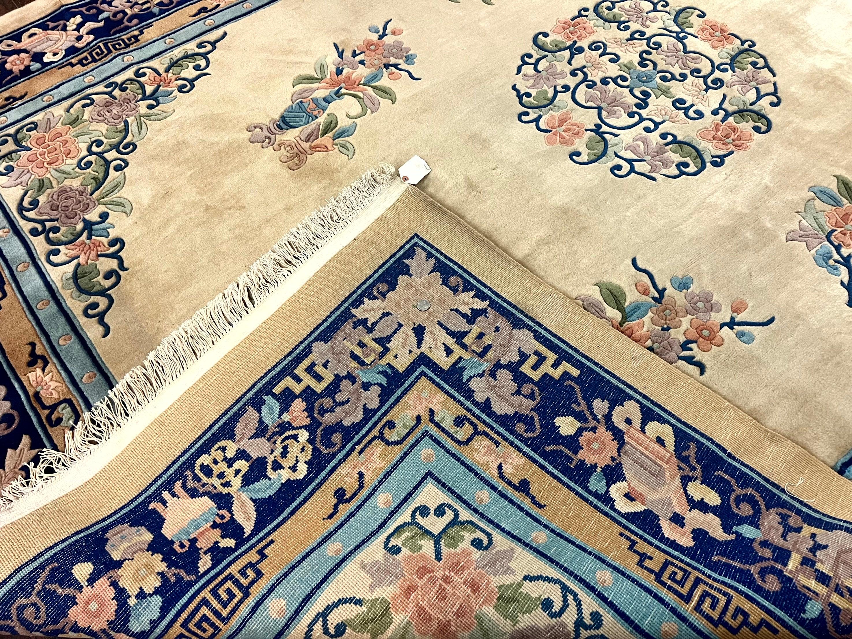 Chinese Wool Rug 8x11, Peking Asian Oriental Carpet, Cream/Ivory and Blue, Vintage Handmade Rug, Art Deco Rug