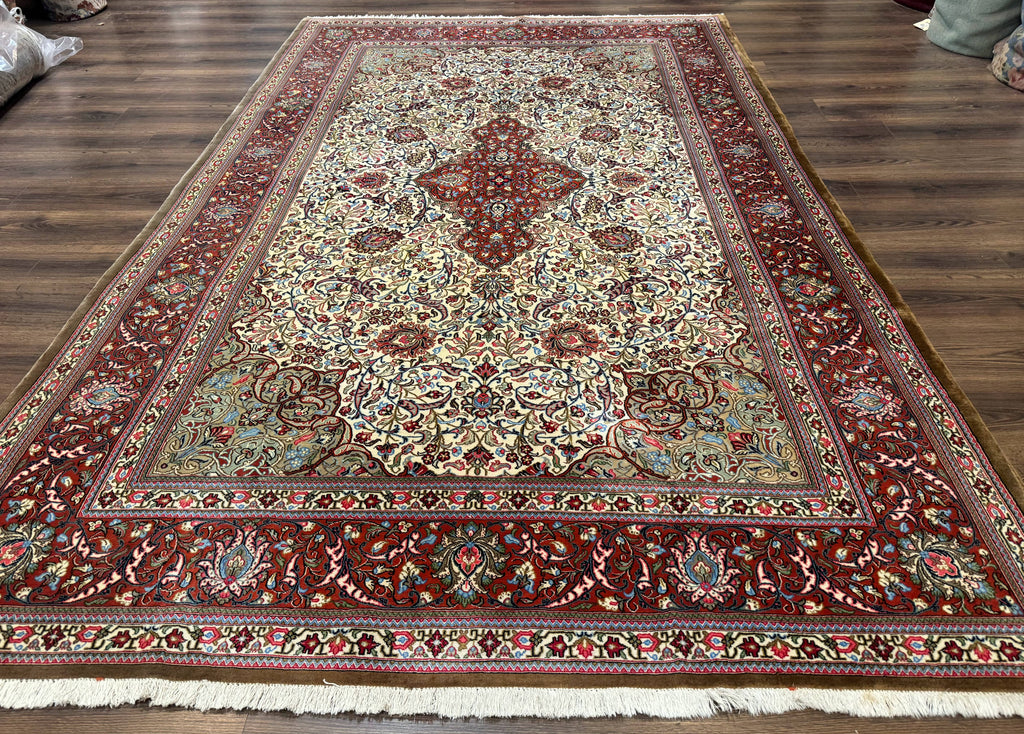 Persian Qum Rug 7x11, Beige and Red, Highly Detailed Floral Pattern, Fine 260 KPSI