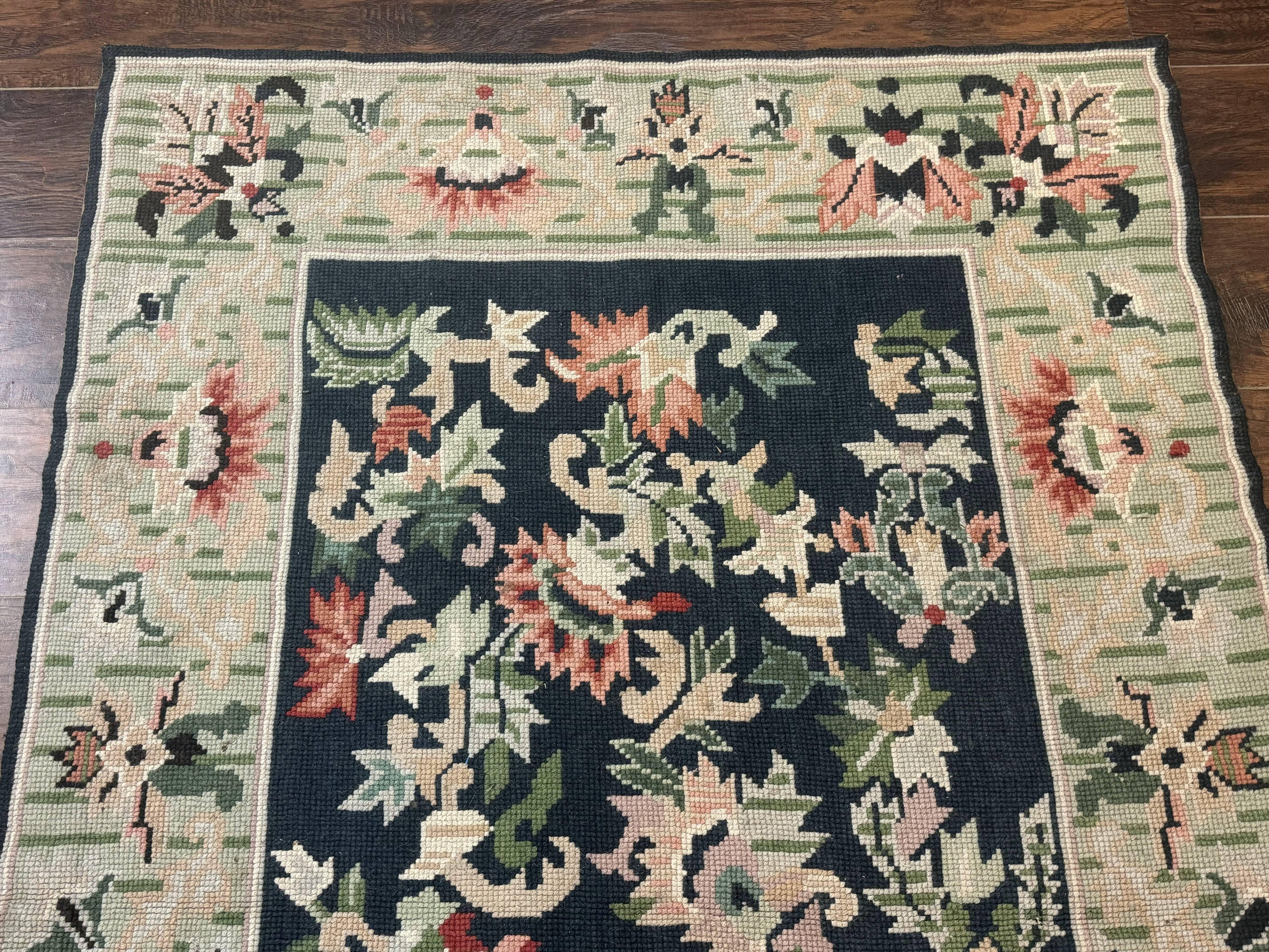 Vintage American Needlepoint Rug 4x6, Dark Green, Wool, Handmade, Flatweave Carpet