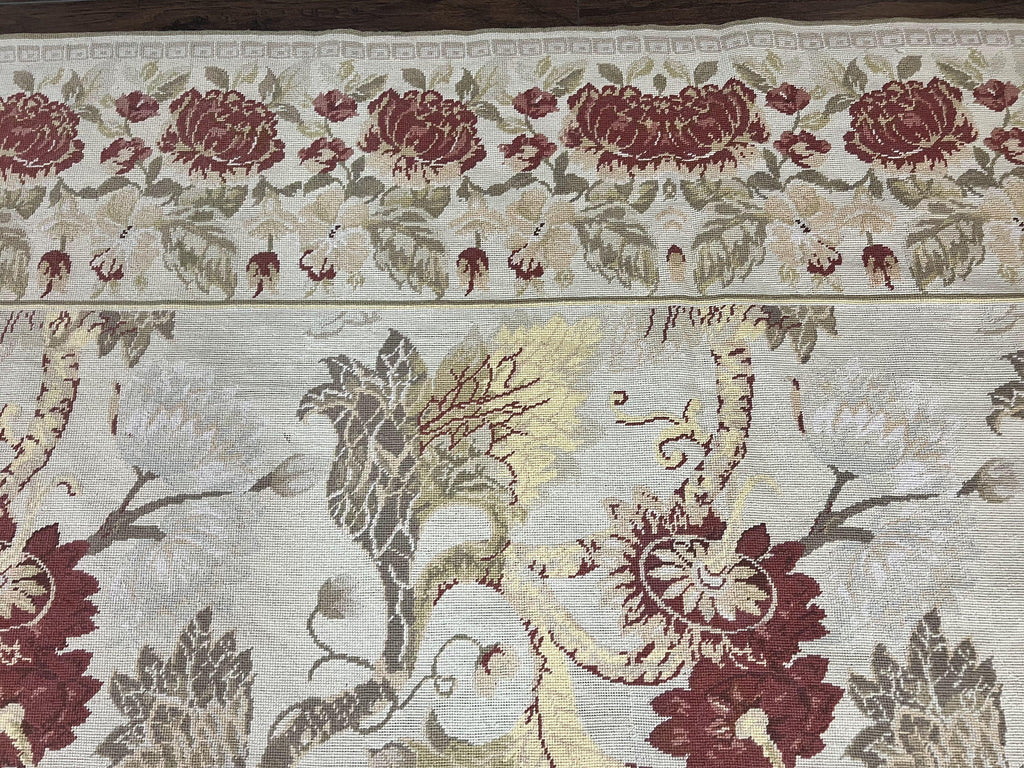 Extra Large Needlepoint Rug 14 x 20, Vintage Handwoven Handmade Wool Flatweave Carpet, Allover Floral Pattern, Elegant European Deisgn Rug