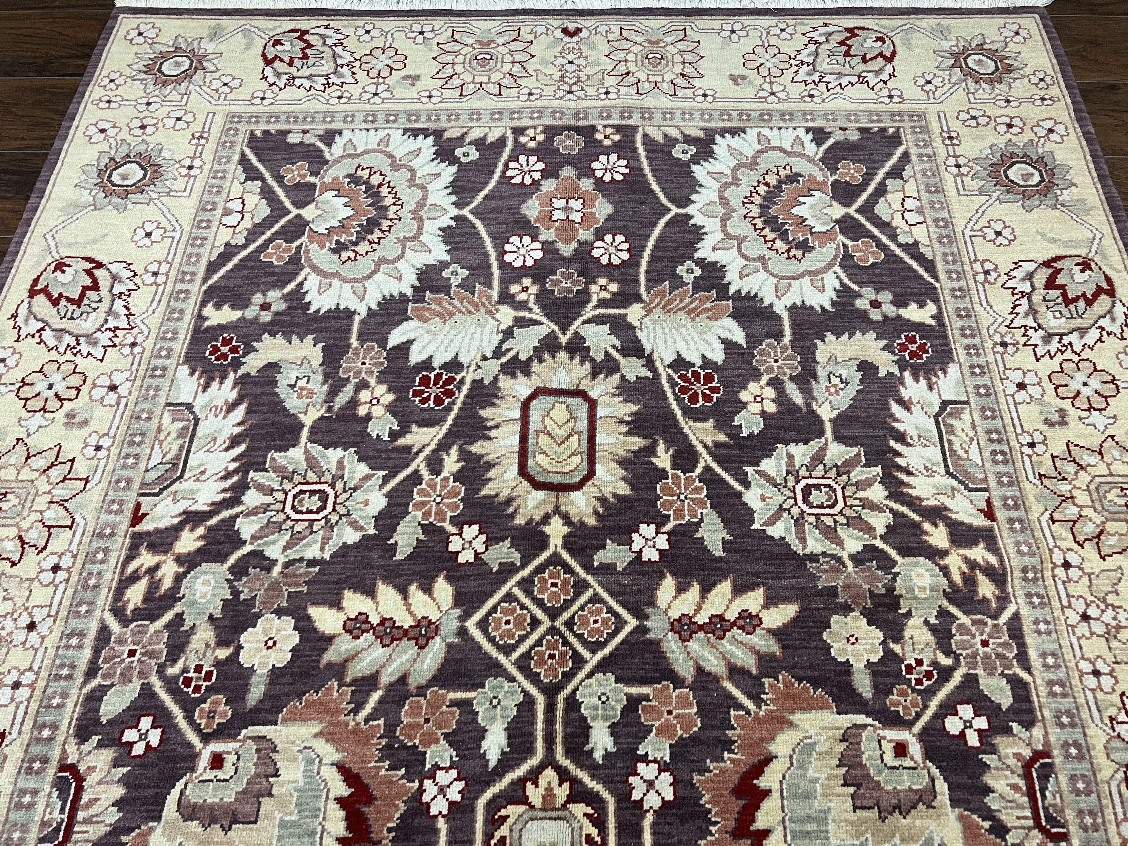 Vintage Indo Mahal Area Rug 6x9, Indian Persian Oriental Carpet 6 x 9, Puce Eggplant Tan Beige Rug, Hand-Knotted, Large Floral Design Wool