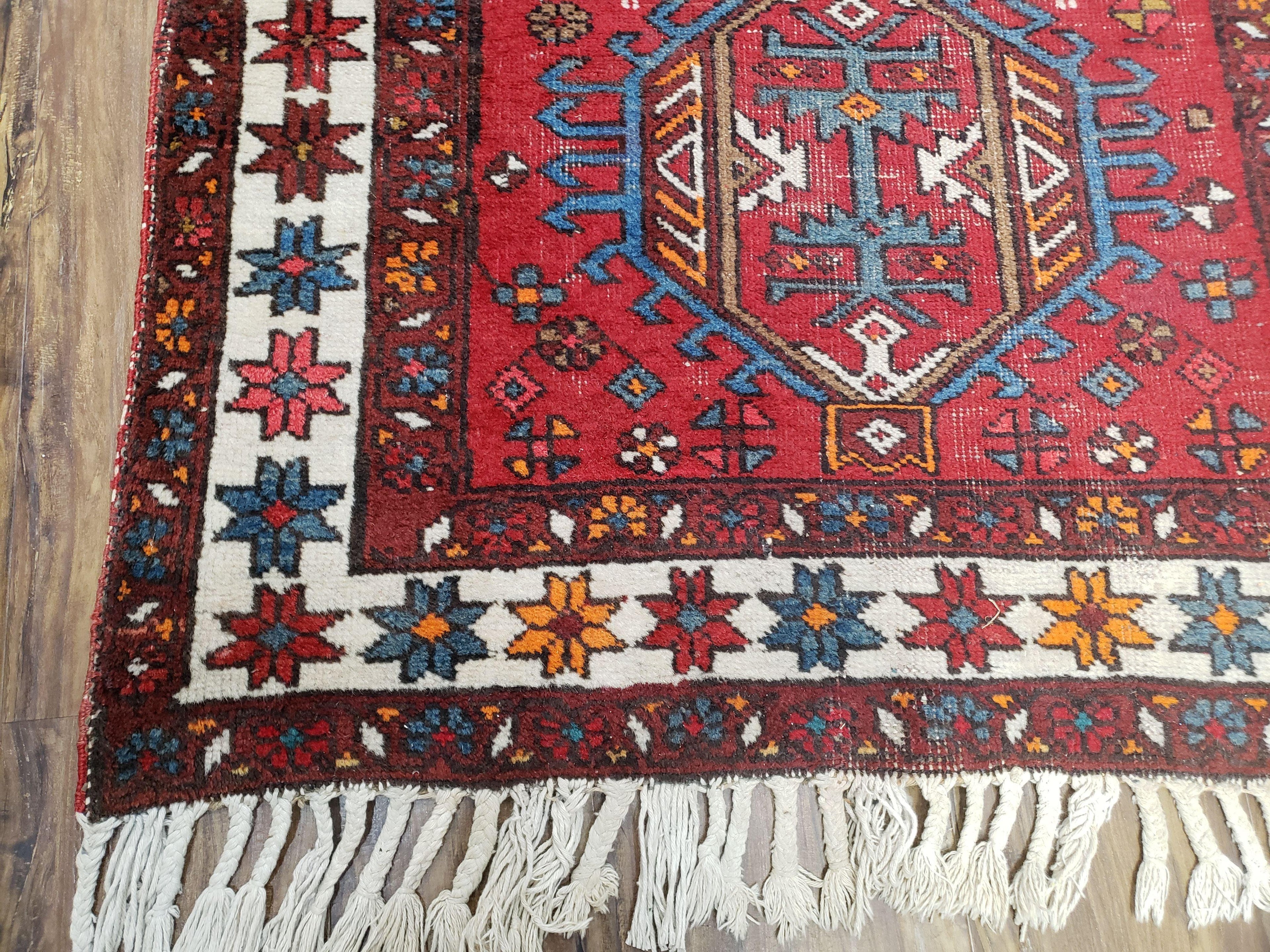 Antique Persian Heriz Karajeh Runner Rug 3x11, Hand-Knotted Red Geometric Medallions