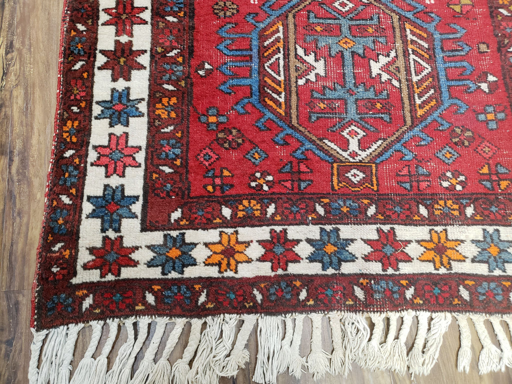 Antique Persian Heriz Karajeh Runner Rug 3x11, Hand-Knotted Red Geometric Medallions