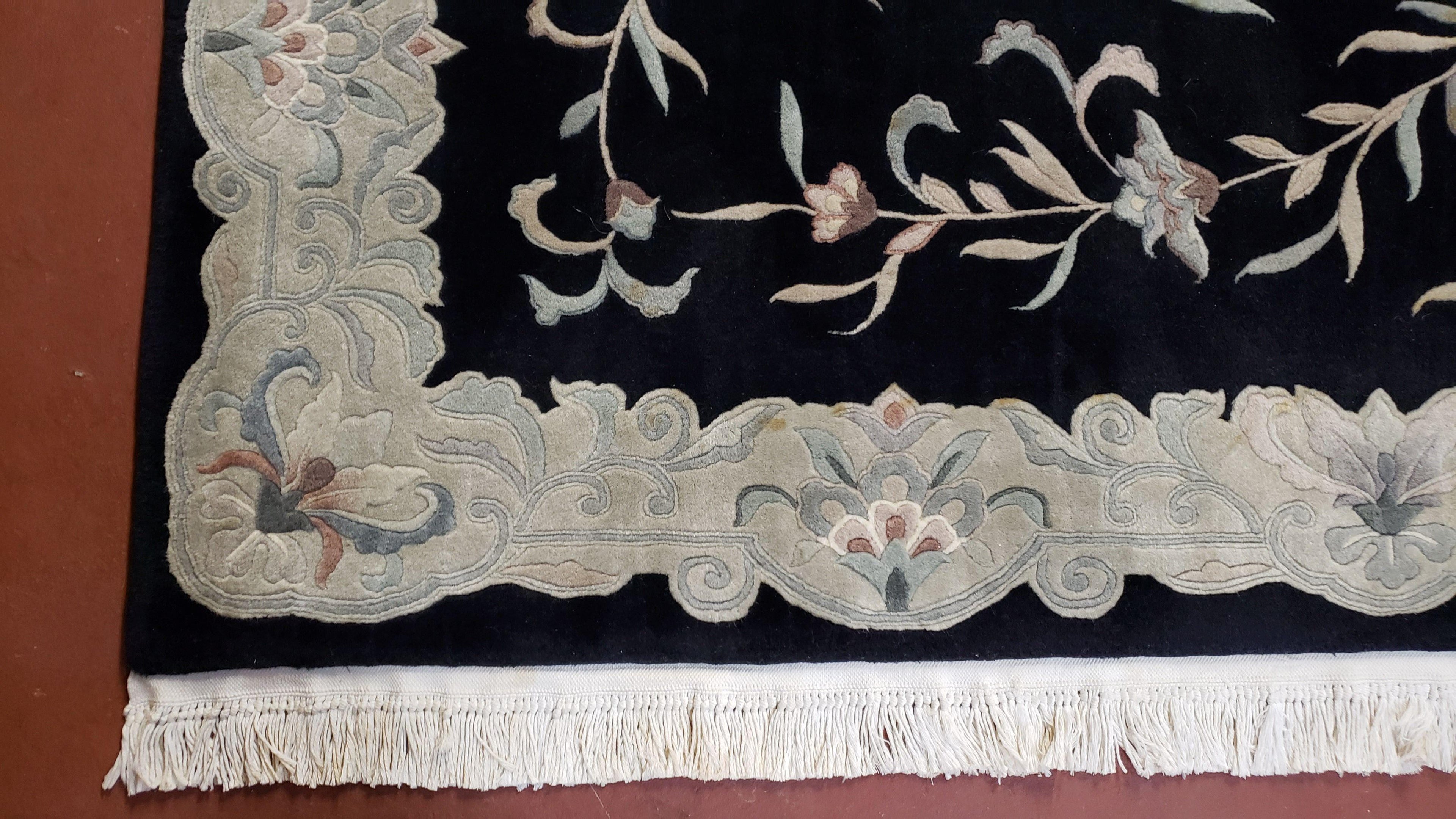 6x9 Vintage Black Gray Chinese Rug 120 Lines Wool Carpet Floral Design Hand-Knotted Soft Pile Entryway Rug Foyer Rug Nice