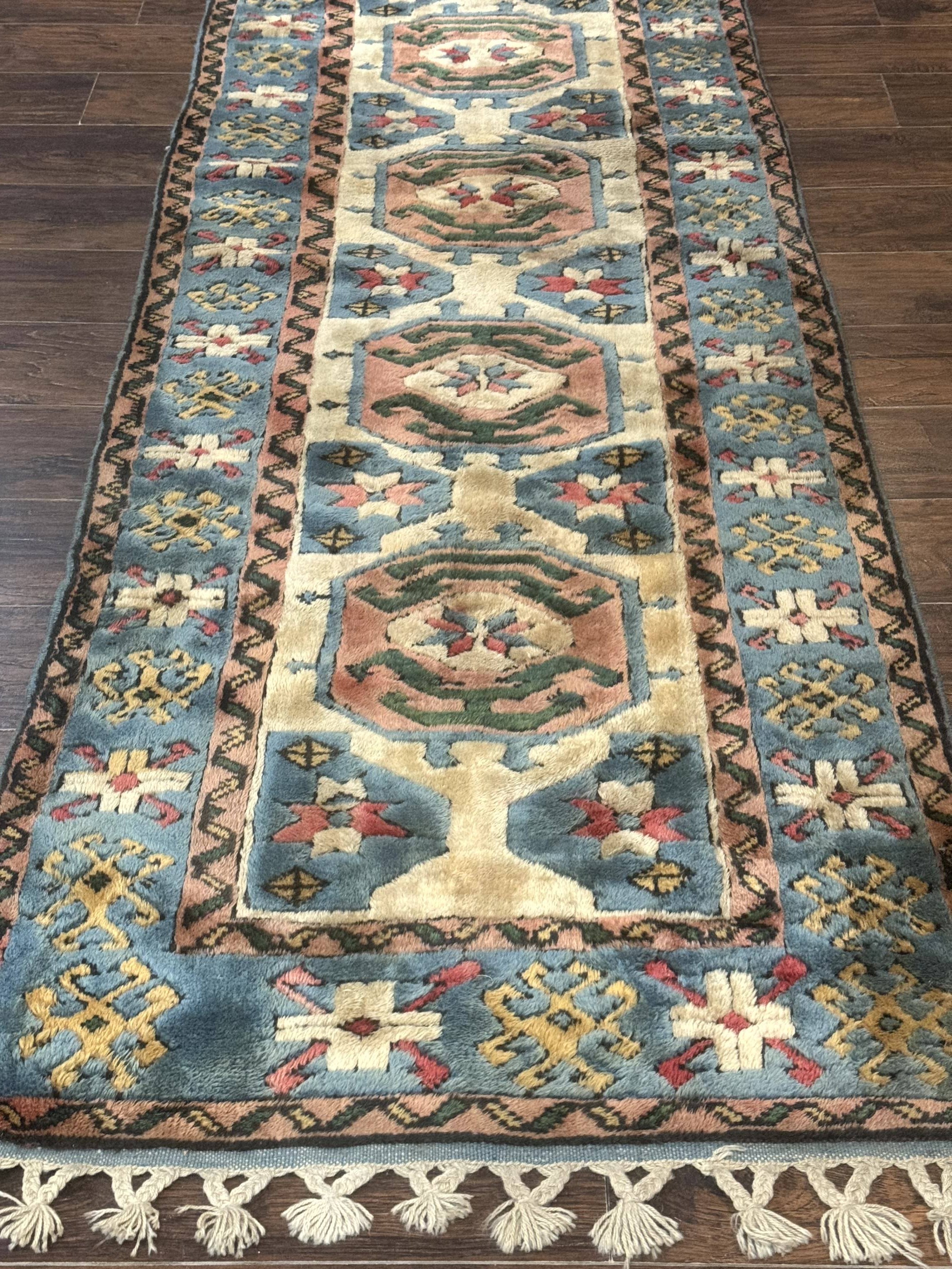 Turkish Kazak Runner Rug 3x11, Cream and Light Blue, Vintage
