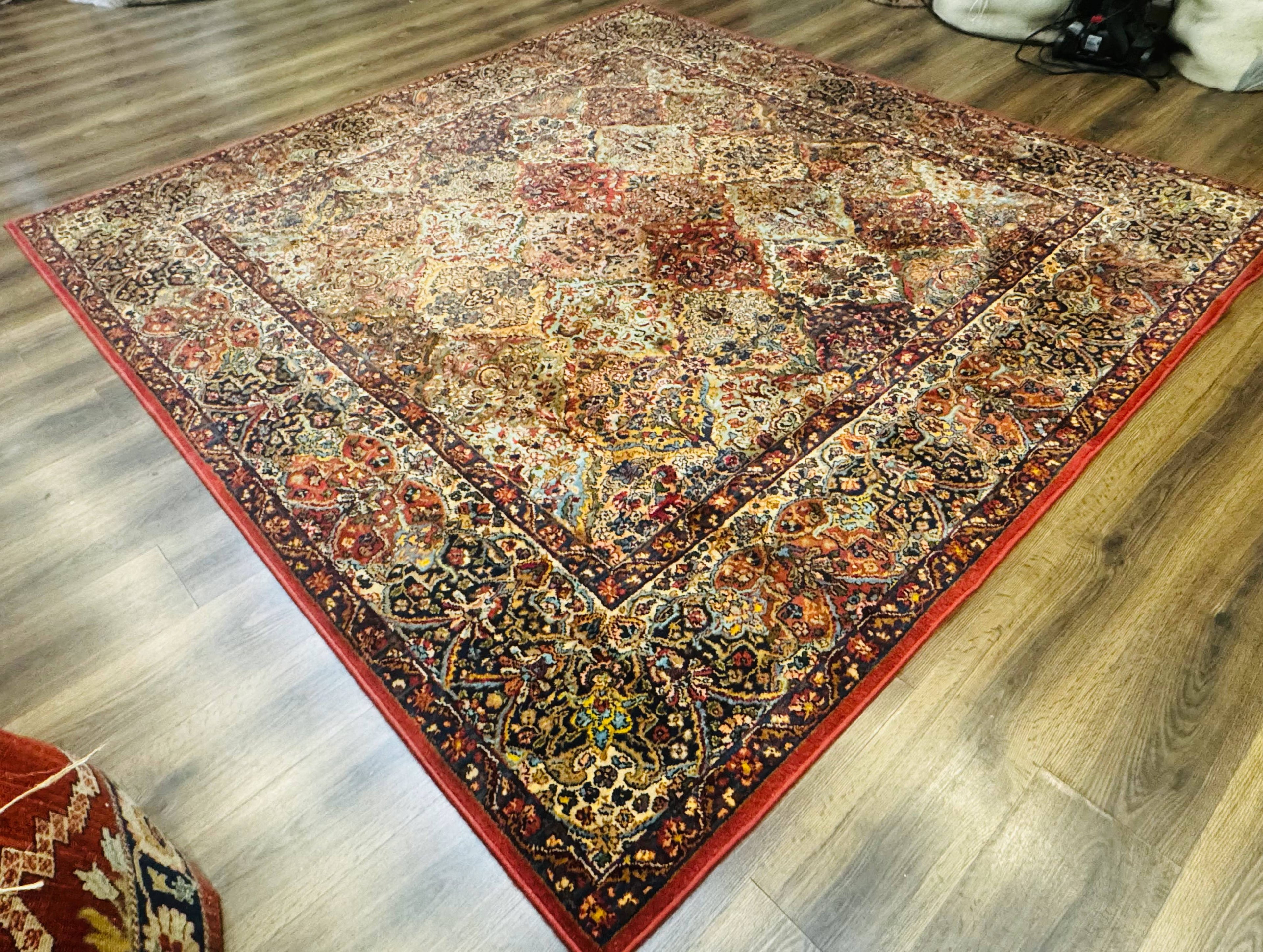 Square Karastan Multicolor Panel Kirman Rug #717, Rare Size 8.8 x 8.8, Original 700 Series, Wool