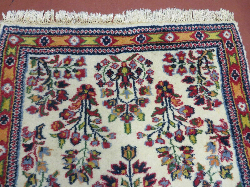 Small Persian Rug 2 x 3, Tiny Persian Sarouk Carpet, Cream Navy Blue Red, Floral Medallion, Vintage Wool Rug, Handmade Hand-Knotted Oriental Rug
