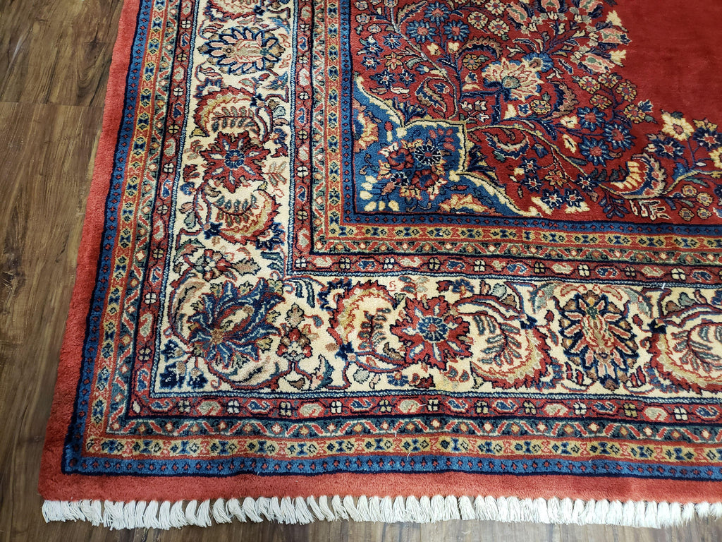 Semi Antique Persian Sarouk Rug 9x12,  Semi Open Field with Central Medallion, Hand Knotted Wool, Tomato Red, 9 x 12 Authentic Oriental Carpet
