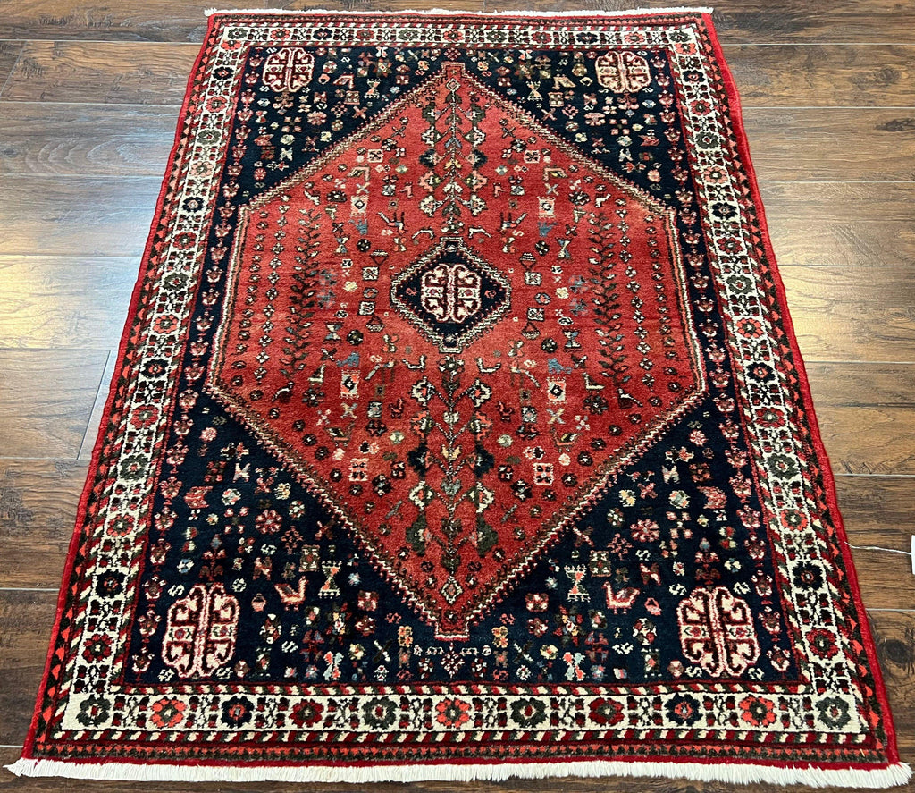 Persian Tribal Rug 3.6 x 5 ft, Persian Abadeh Rug, Geometric Medallion Bird Motifs, Red and Navy Blue Hand Knotted Handmade Wool Vintage Oriental Carpet
