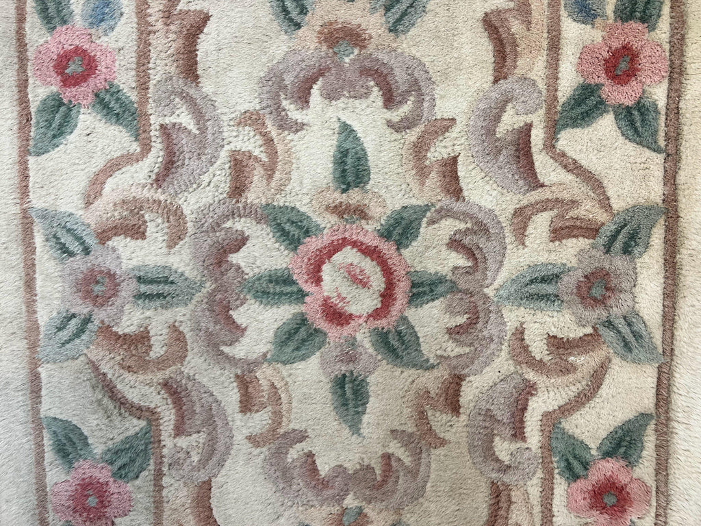 Chinese Aubusson Runner Rug 2.4 x 11, Hand Tufted Beige Floral European Design Hallway Rug, Elegant Rug, Vintage Wool Rug 11ft Long