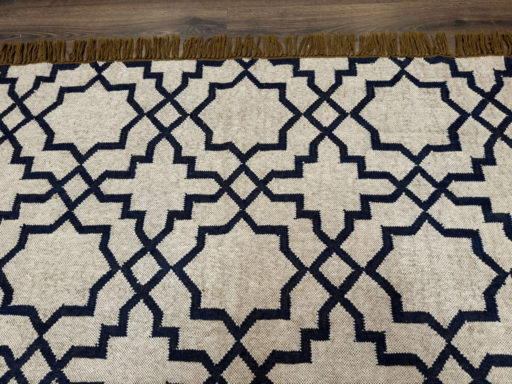 Indian Kilim Rug 8x10, Oat and Navy Blue, Dhurrie Carpet, Handmade, Wool