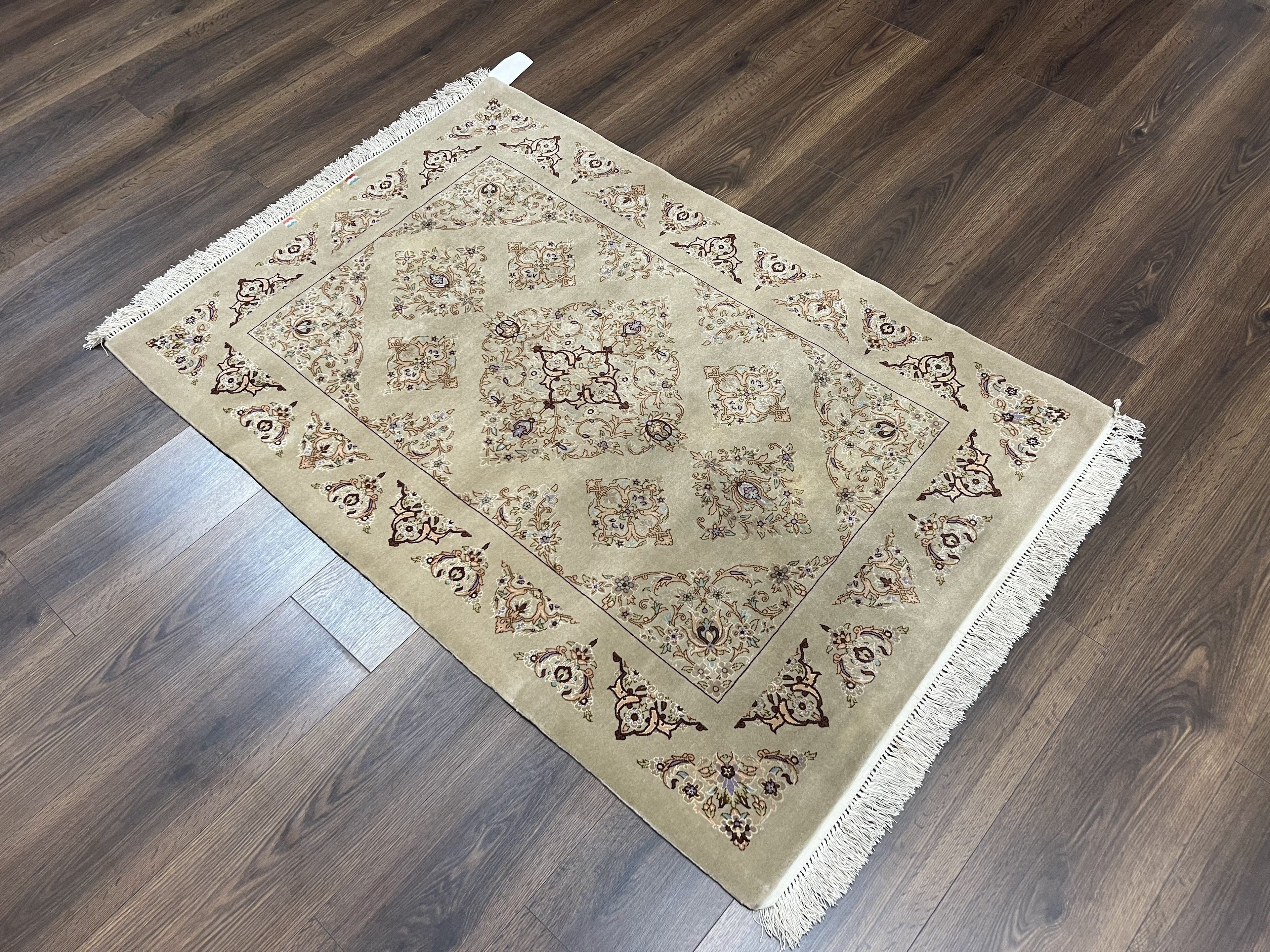 Very Fine Persian Isfahan Rug 3x5 ft with Signature, Kork Wool on Silk Foundation, Gray-Taupe Vintage Hand Knotted Oriental Carpet, 60 Raj 460 KPSI