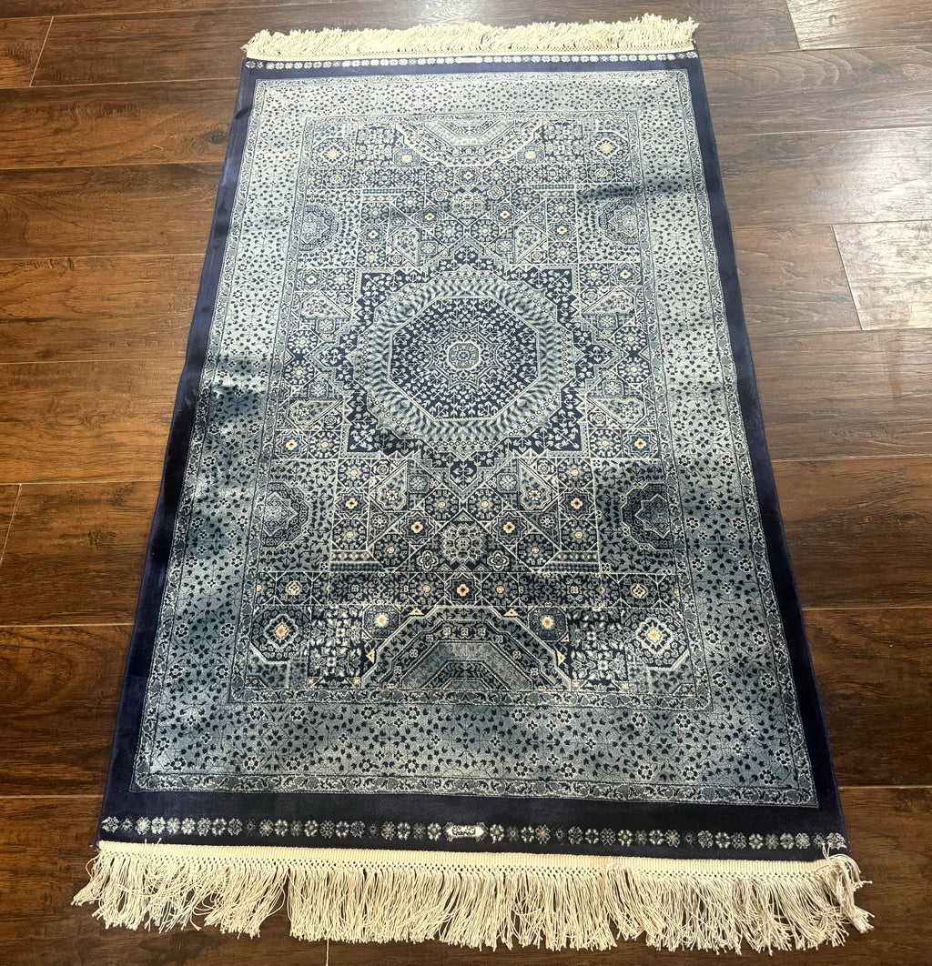 Blue Turkish Silk Hereke Rug 2.6 x 4, Mamluk Red, Blue, Bamboo Silk