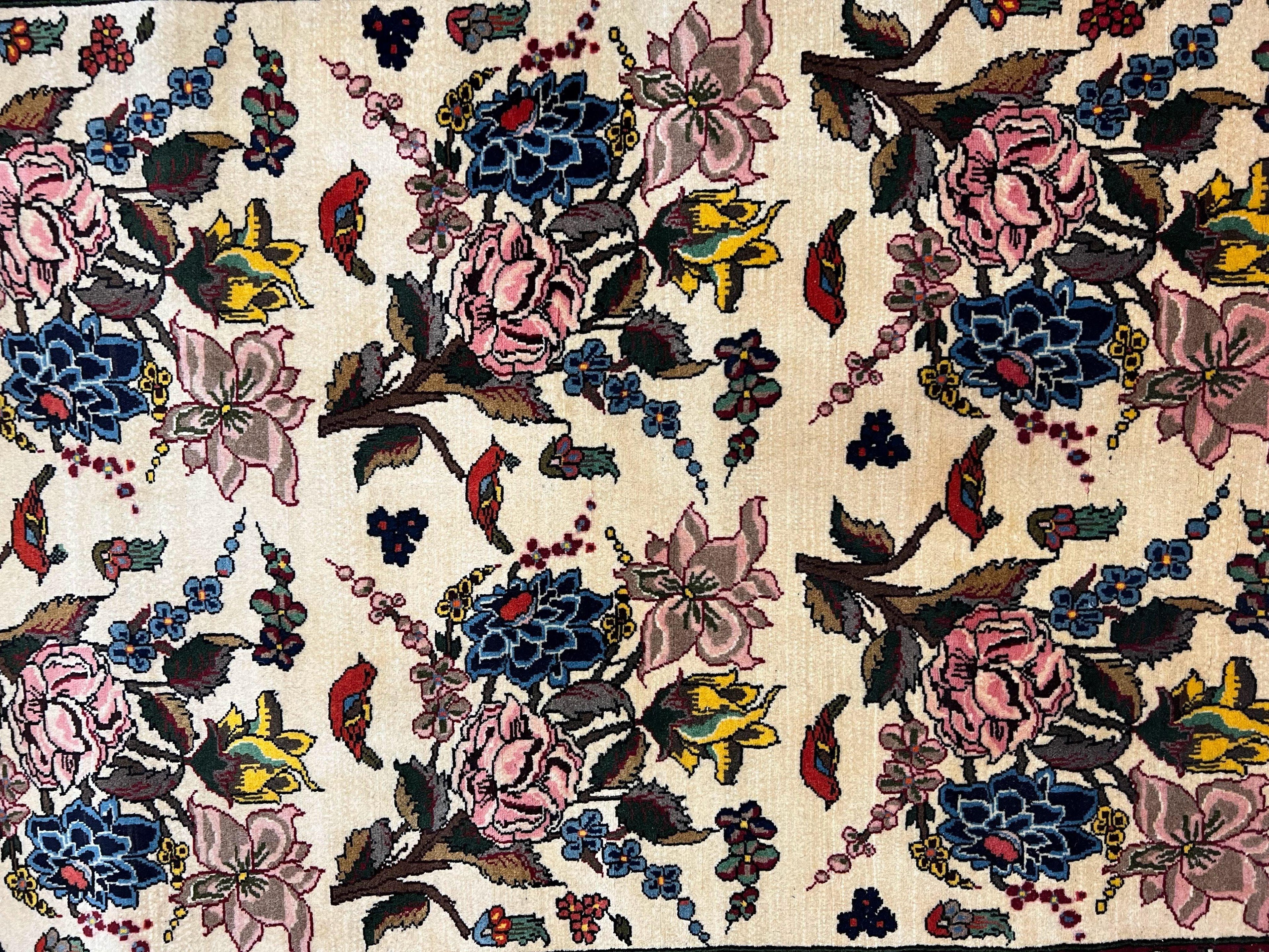 Persian Bidjar Rug 3.6 x 5 ft, Repeated Floral Motifs, Roses and Birds, Cream Burgundy, Fine Wool Oriental Bijar Carpet, Vintage Traditional Area Rug